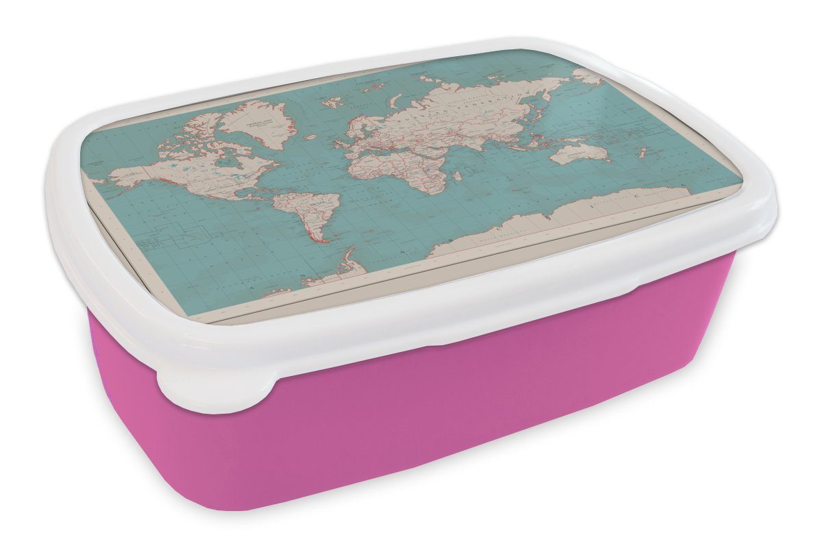MuchoWow Lunchbox Weltkarte - Vintage - Atlas - Kinder - Jungen - Mädchen, Kunststoff, (2-tlg), Brotbox für Erwachsene, Brotdose Kinder, Snackbox, Mädchen, Kunststoff rosa