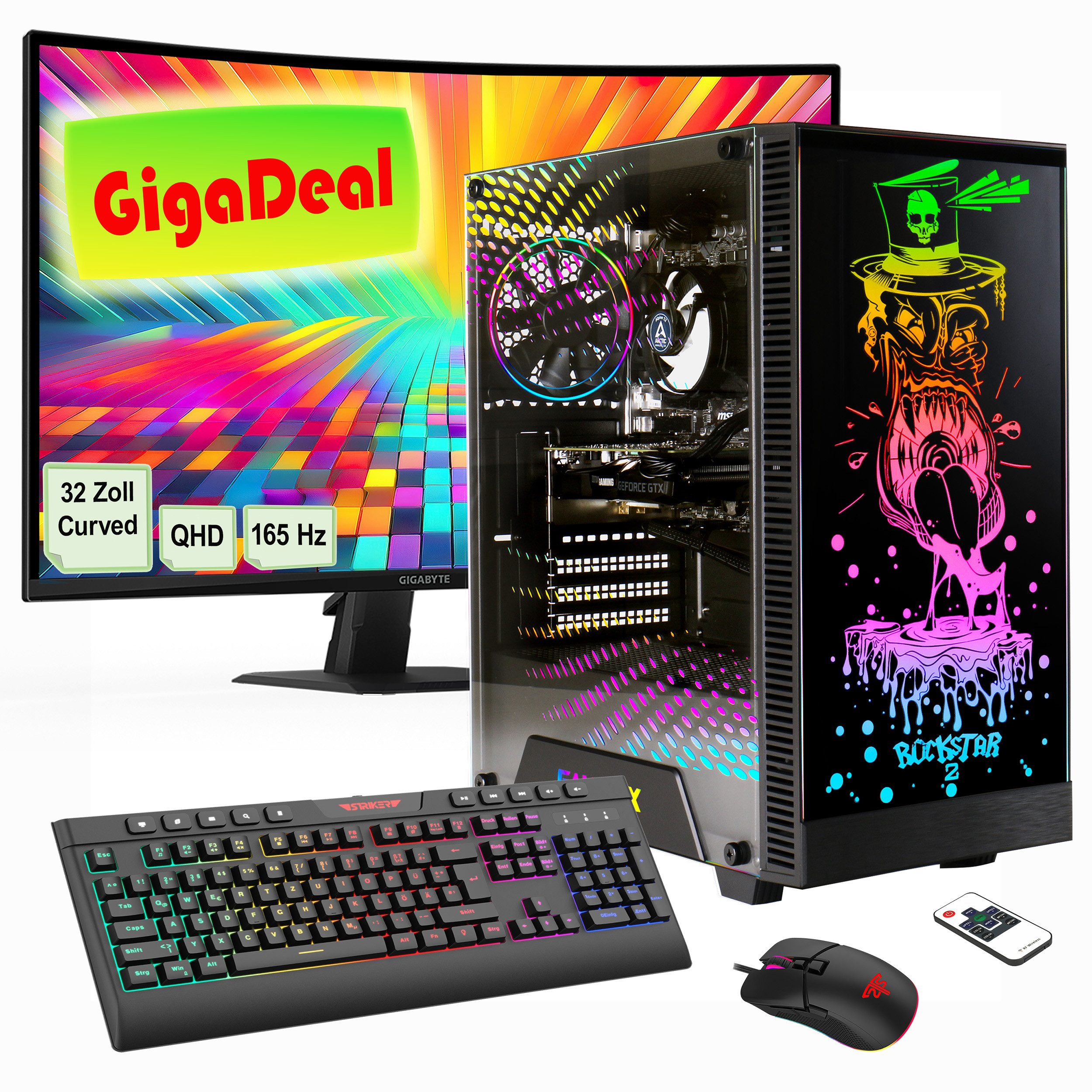 GAMEMAX GigaDeal Gaming-PC-Set Rockstar PC-Komplettsystem (32", AMD Ryzen 5 7500F, RTX 4070, 32 GB RAM, 1000 GB SSD, Windows 11, DDR5 RAM + Gigabyte GS32QC LED-Monitor Curved, 80 cm (32)