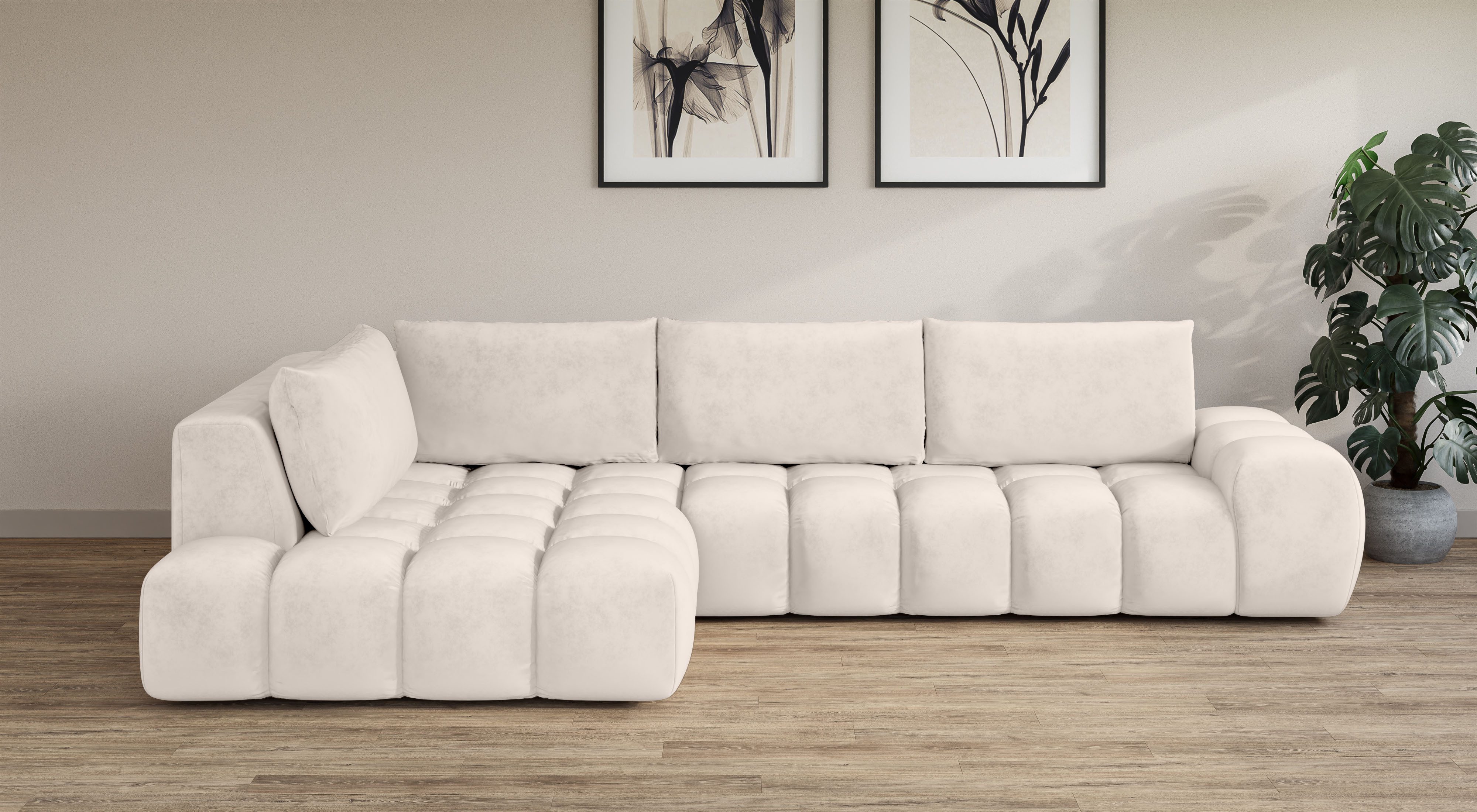 INOSIGN Ecksofa AZITA Designsofa, elegant und bequem L-Form, Bubble-Optik, lose Rückenkissen, traumhafte Steppung, Maße B/T/H: 352/210/72 cm