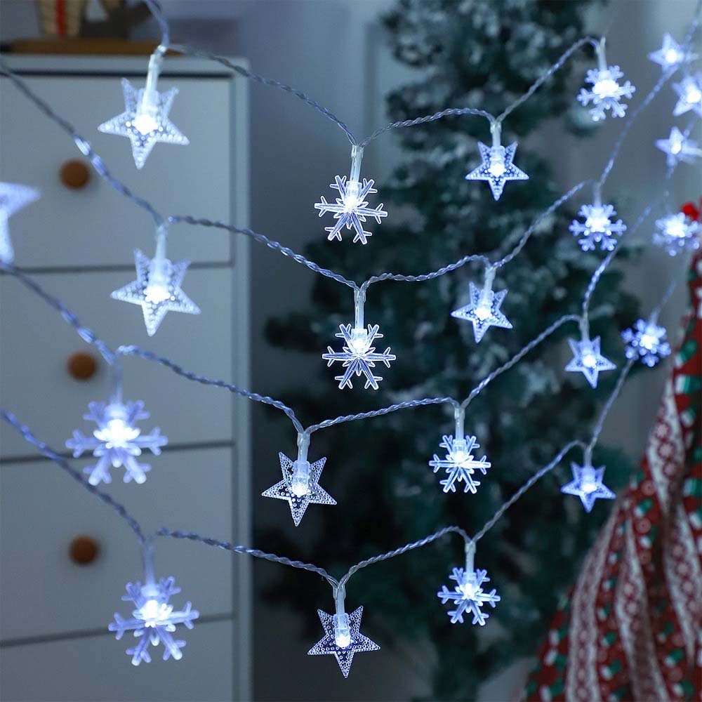 Rosnek LED-Lichterkette 1.5/3M, Stern, Schneeflocke, Batterie, für Weihnachten, Erntedankfest Deko Kaltweiß