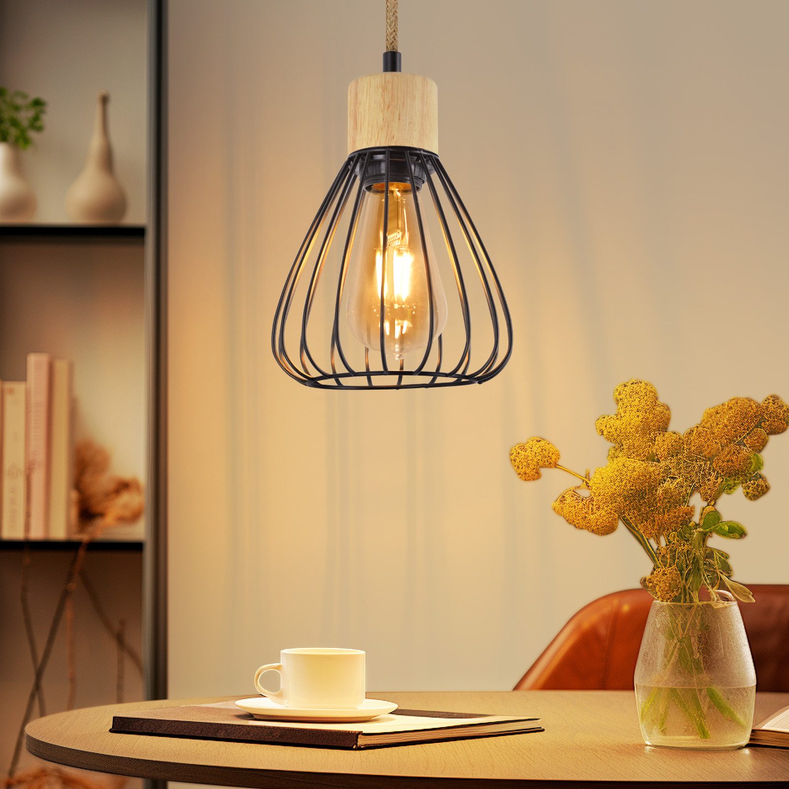 Nettlife Hängeleuchte Pendelleuchte Esszimmer Vintage Schwarz Metall Holz E günstig online kaufen