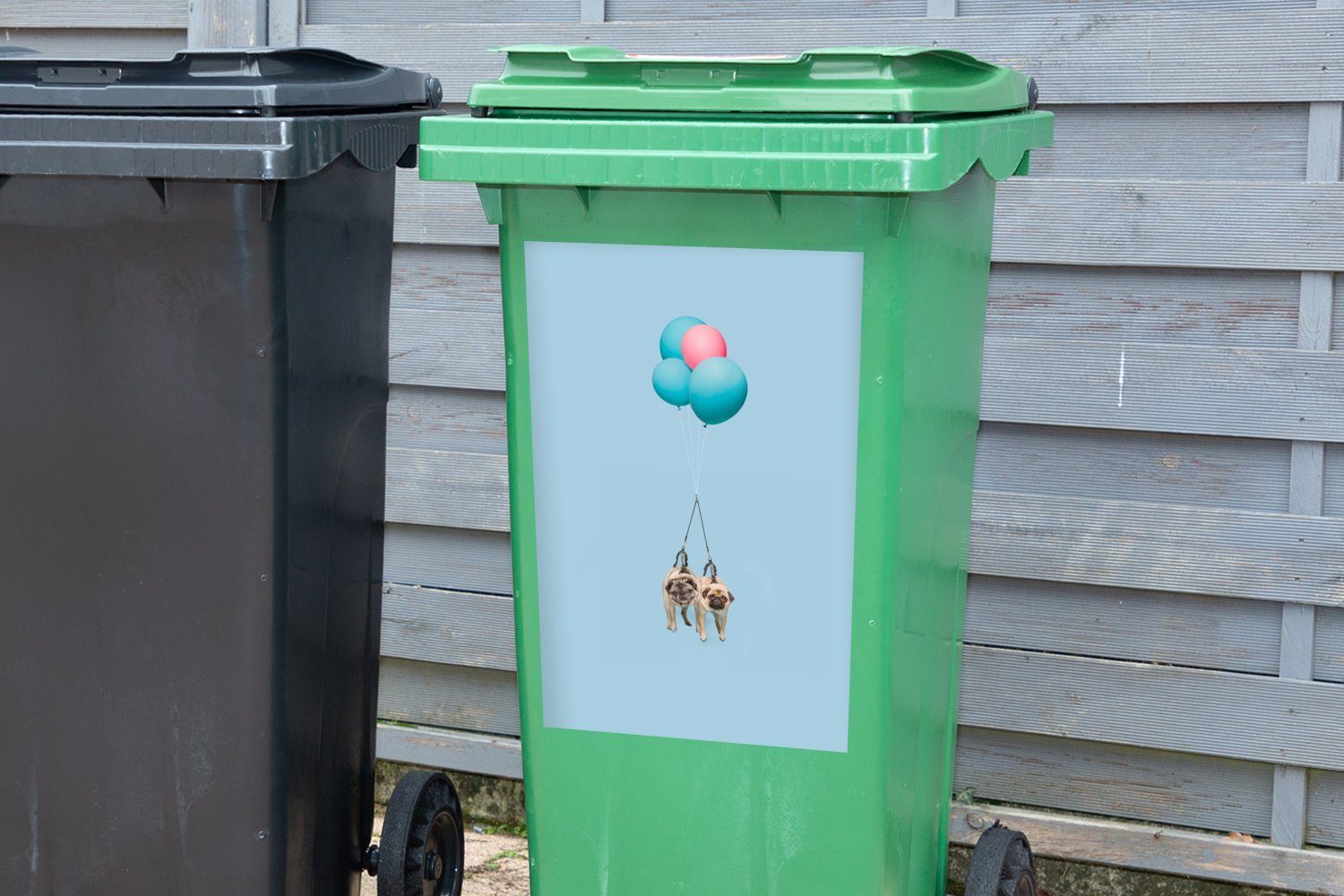 MuchoWow und (1 Mülltonne, Zwei Sticker, Container, Abfalbehälter St), Möpse auf Mülleimer-aufkleber, rosa blauen Luftballons Wandsticker