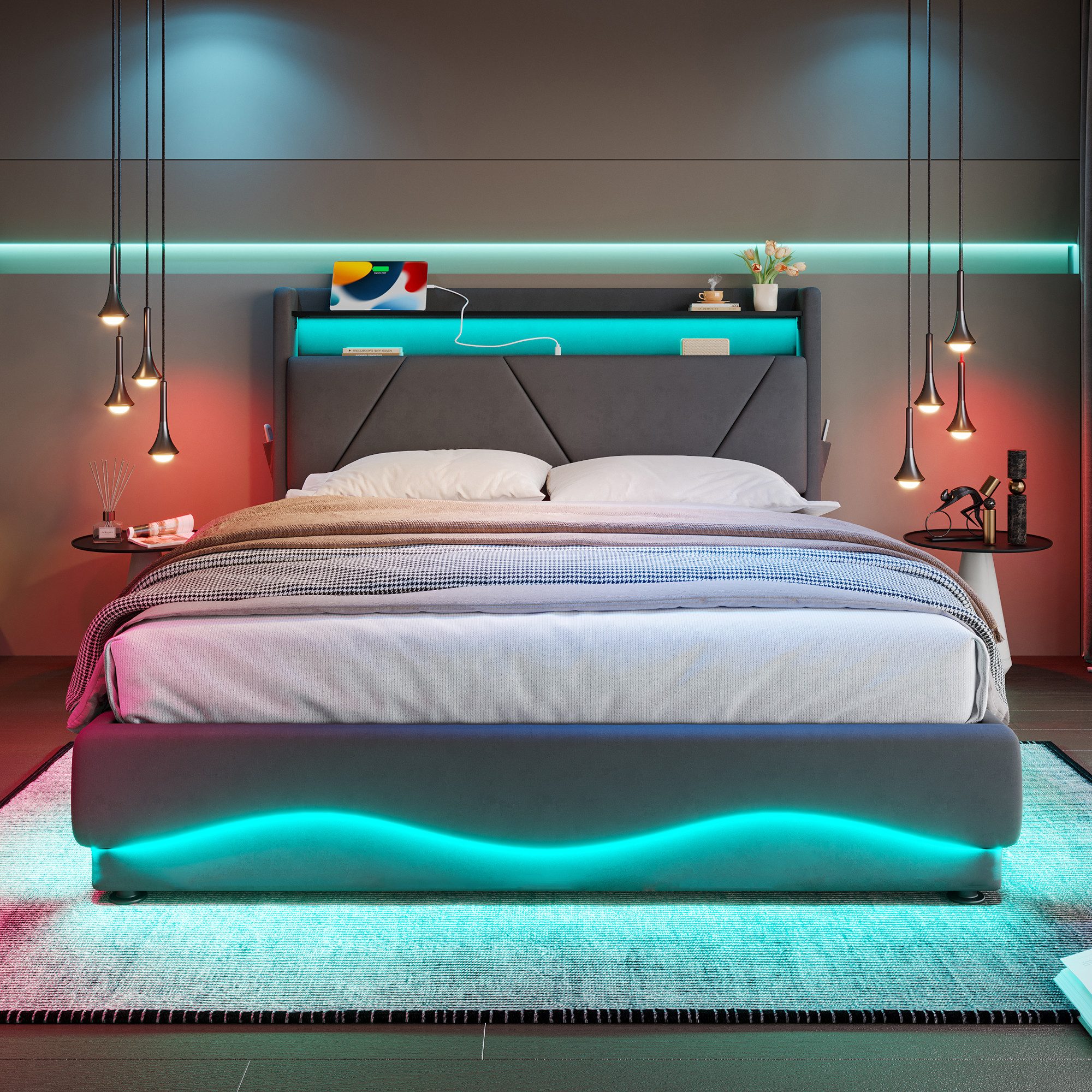 KLAM HOME Polsterbett 140x200 & 160x200 cm mit Lattenrost, USB Type-C Ladefunktion Stauraum mit klappfunktion, Stauraum-Kopfteil