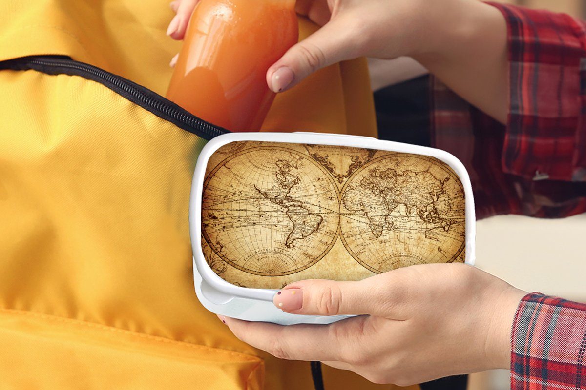 MuchoWow Lunchbox Weltkarte - Kunststoff, - und Erwachsene, (2-tlg), Brotdose, - Kind und Mädchen, für Jungs Brotbox für - Vintage - weiß Kinder Junge Mädchen Antik