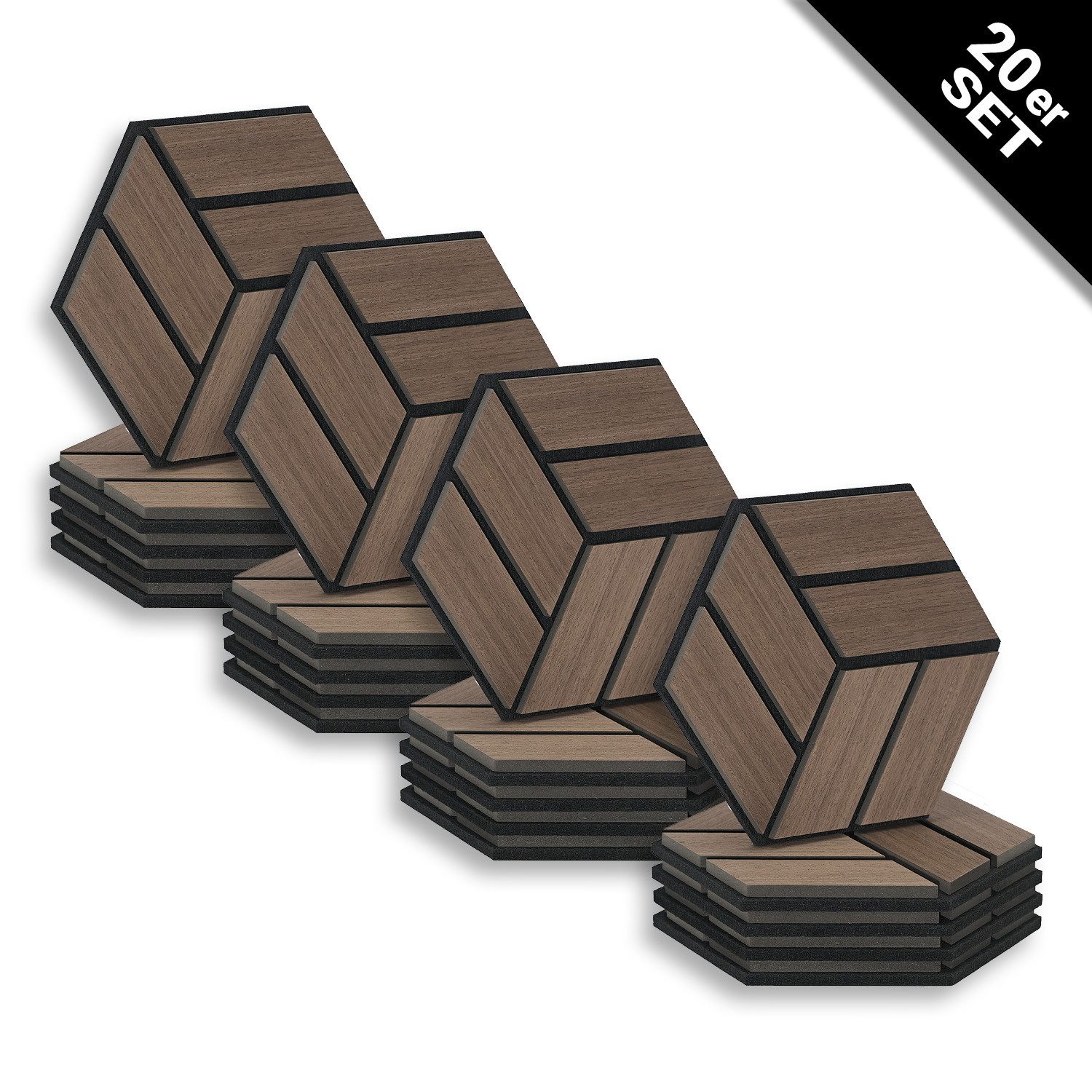Homestyle4u Wandpaneel Wand je 30x26 Hexagon Akustikpaneele Holz Schallschutz Filz modern, (Komplettset, 20-tlg., 20er Set Akustikpaneele) 3D Akustik Paneel Wandpaneel in Walnuss zum Kleben oder Bohren