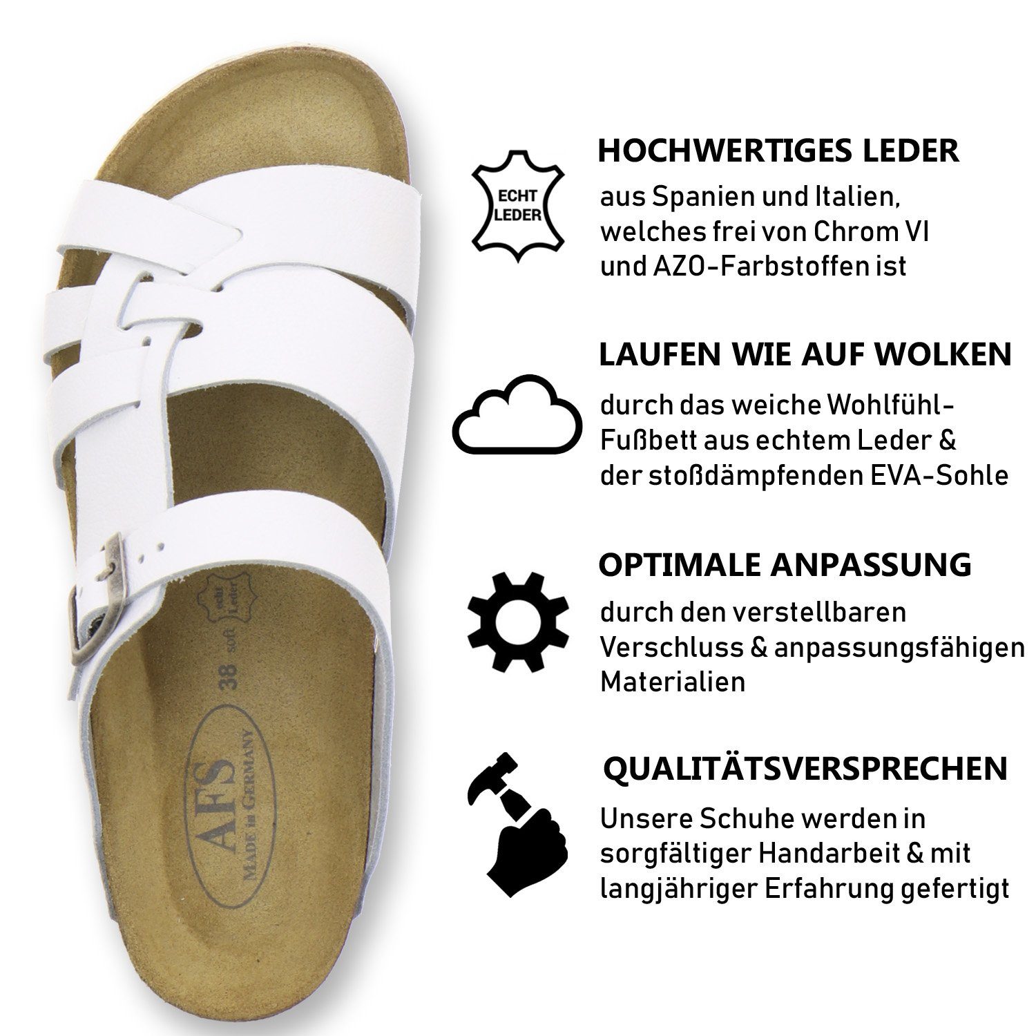 Leder Glattleder Pantolette Fussbett, Damen AFS-Schuhe aus mit 2122 weiß Germany für Made in