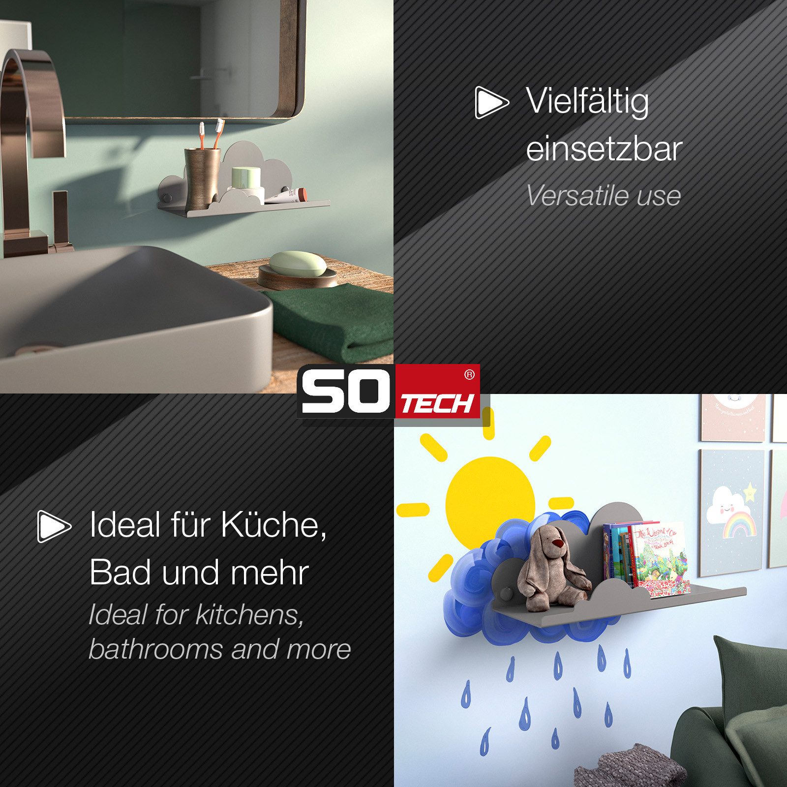 SO-TECH® Wandregal Schweberegal HOVER-XI 25 x 10 x 10 cm inkl. Befestigungsset, 2-tlg., Wandmontage, für Bad Küche oder Wohnzimmer, Anthrazit – Bild 5 von 5
