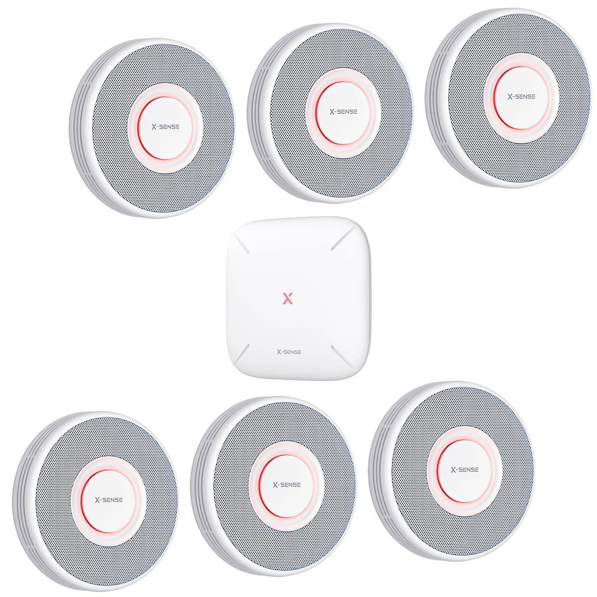 X-SENSE XS0B-MR61 Rauchmelder-Set mit Basisstation SBS50 & 6x XS0B-MR Rauchmelder (Sprachalarm mit Standortangabe, App-Benachrichtigungen)