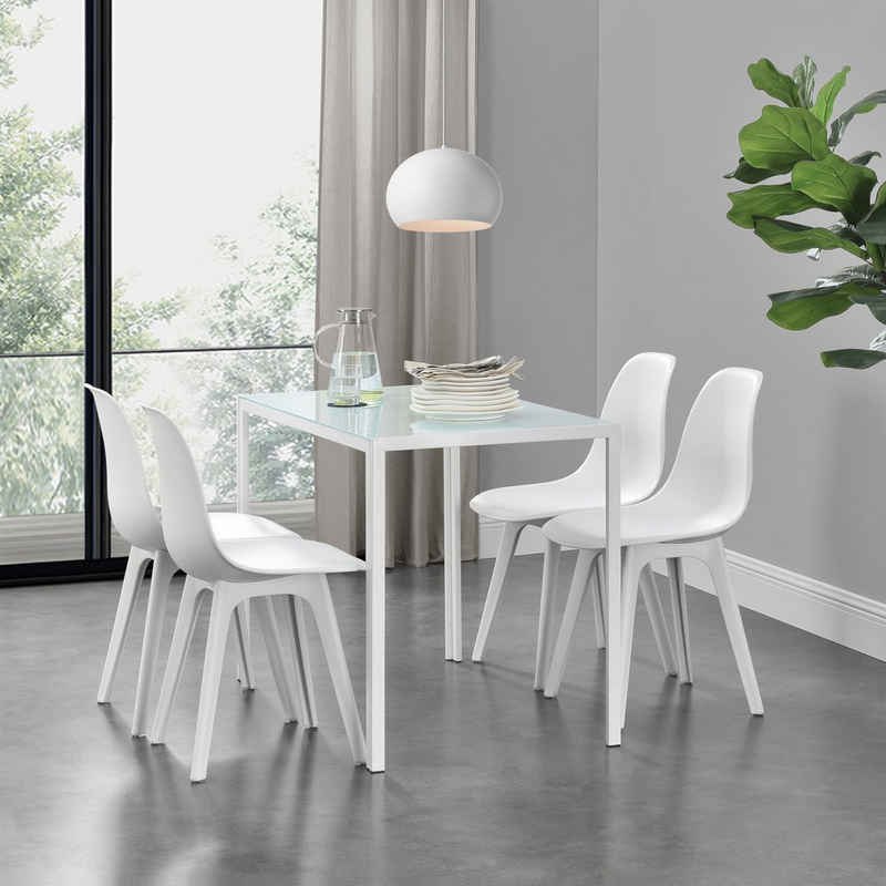 en.casa Essgruppe, (Set, 5-tlg., 4 Stühle, 1 Tisch), »Stathelle« Küchentisch mit Glasplatte Kunststoff Stühle weiß