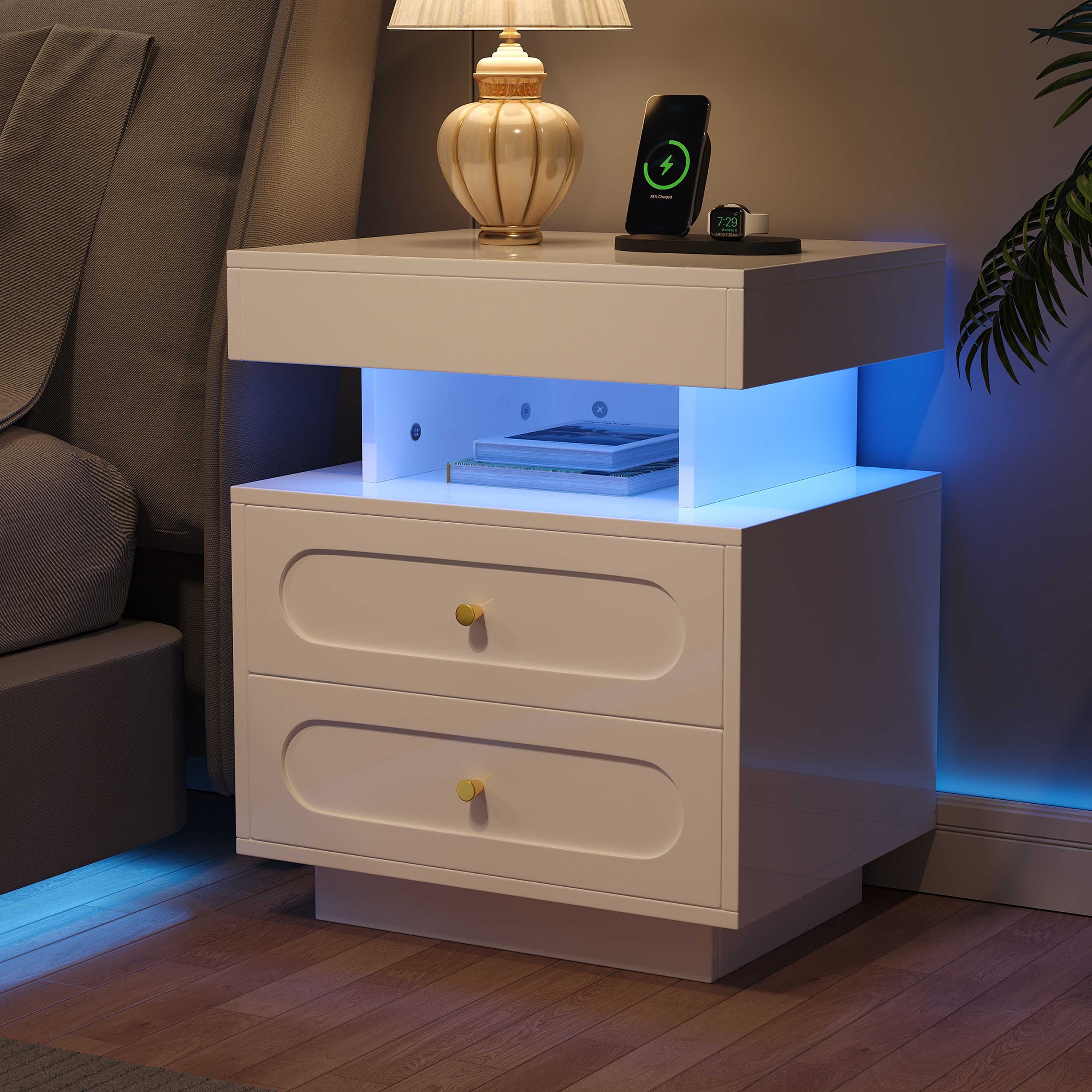 BlingBin Nachttisch LED Nachttisch Nachtschrank mit 2 Schubladen, 1 offener Lagerraum (1-St., großer Schublade und Kippsicherung, 50x40x60 cm, aus Spanplatte), Weiß, modernes Design, pflegeleicht und stabil