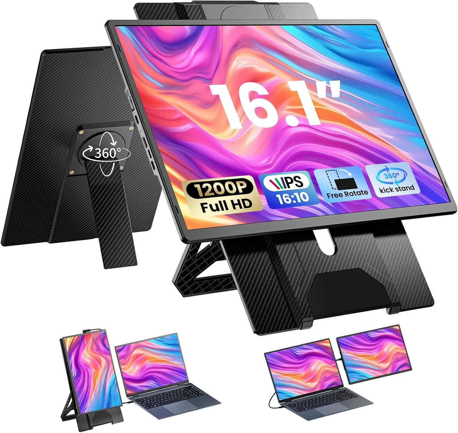 KEFEYA Laptop-Bildschirm-Extender Laptop-Bildschirmerweiterung Dual Display Portabler Monitor (36 cm/16 ", 1920 × 1200 px, Full HD, 60 Hz, HDR, Magnetischer & abnehmbarer Ständer, 1,27kg, für 13-17,3'' Bildschirm)