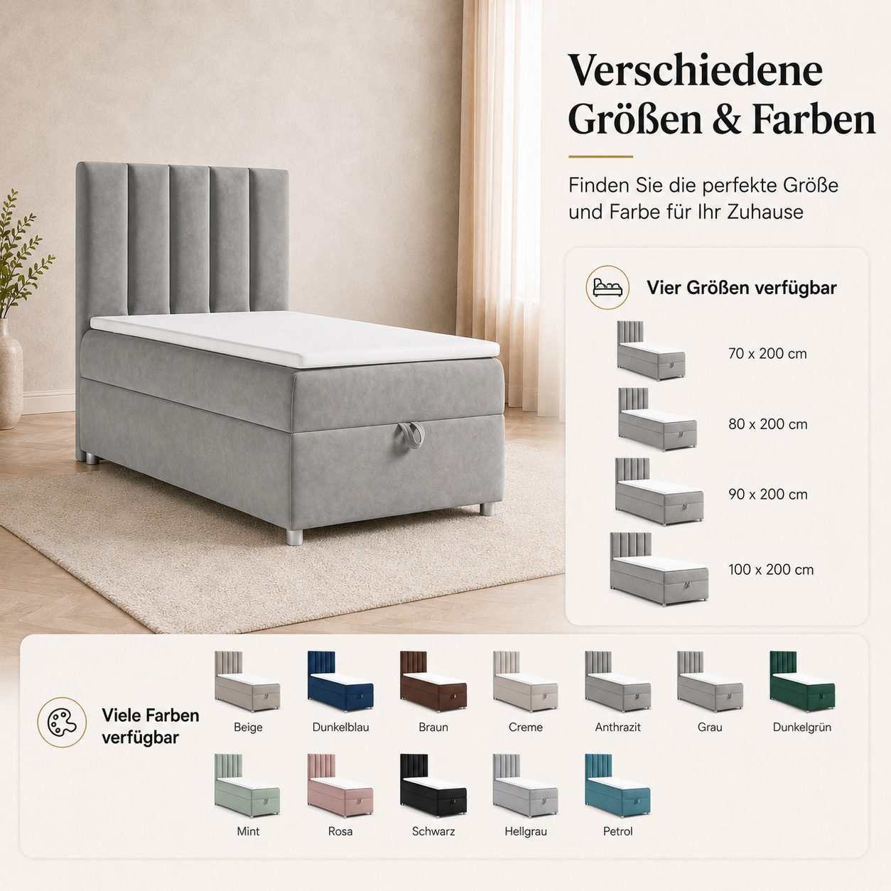 Best for Home Boxspringbett mit Bettkasten Trinity K-10 SINGLE Bonell-Matratze, Komfort Topper (Einzelbett, Polsterbett mit gepolstertes Kopfteil, Jugendbett, Kinderbett versch. Größen, 70x200 80x200 90x200 100x200 cm), Handwerksqualität, TOP Preis-Leistungs-Verhältnis