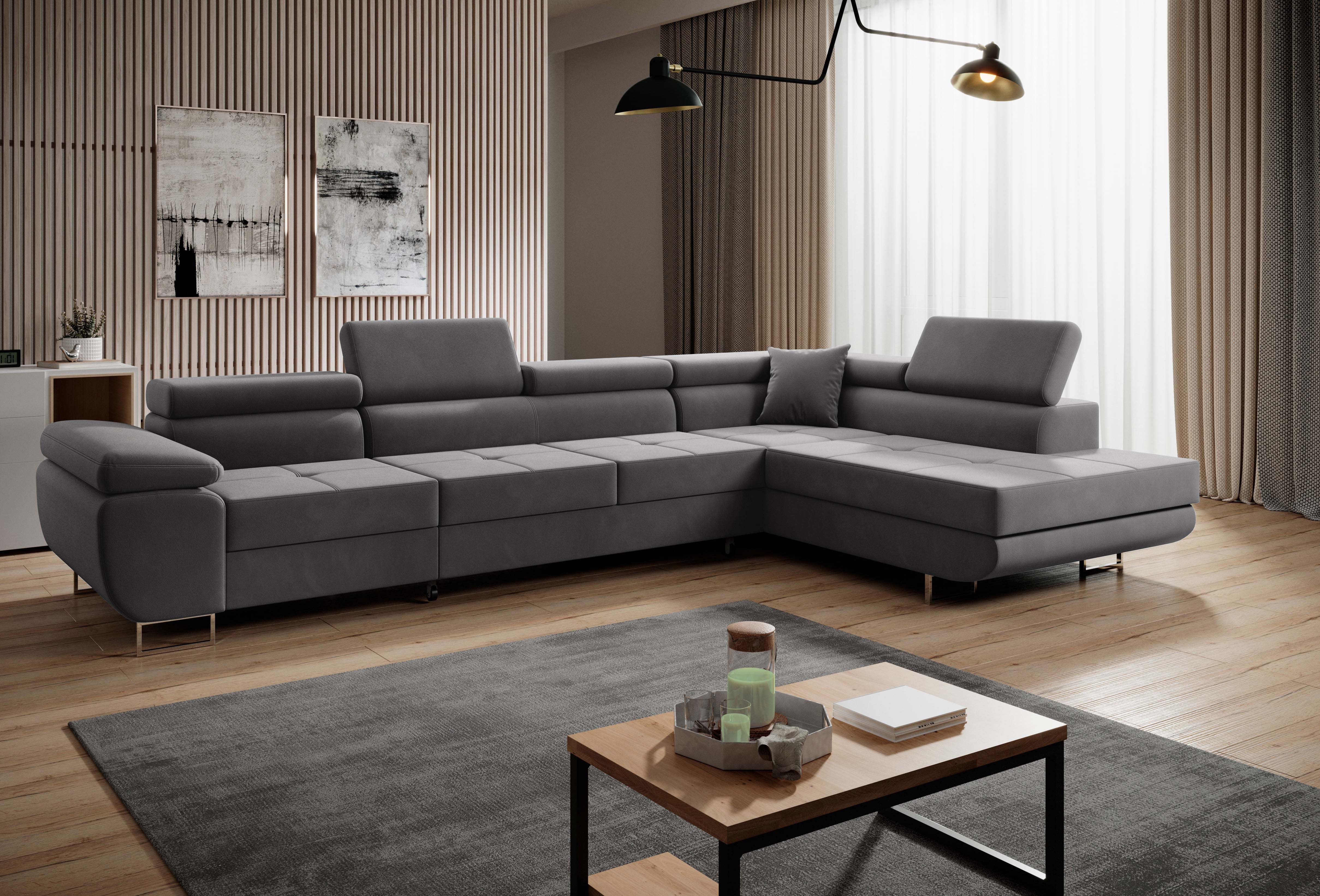 Muffo Ecksofa Wild Maxi mit Schlaffunktion inkl. Montage, L-form Couch mit Bettkasten XL, 6-fach verstellbare Kopfstützen