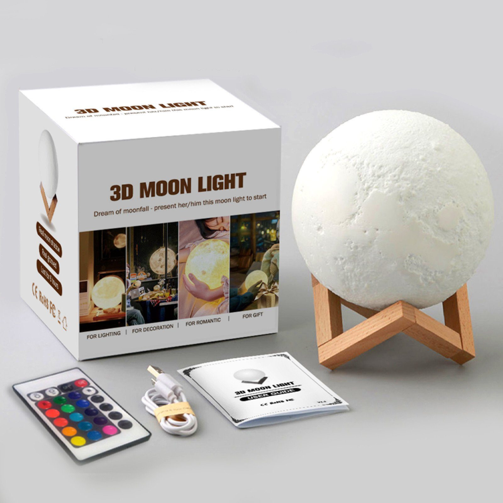 PRECORN LED Nachtlicht 3D LED-Mondlampe D= 15 cm Deko-Mond-Leuchte