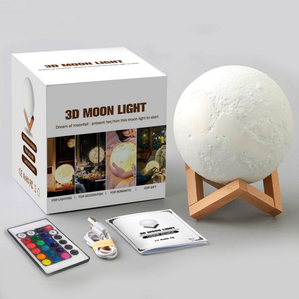 PRECORN LED Nachtlicht 3D LED-Mondlampe D= 15 cm Deko-Mond-Leuchte mit LED  und Touch-Funktion