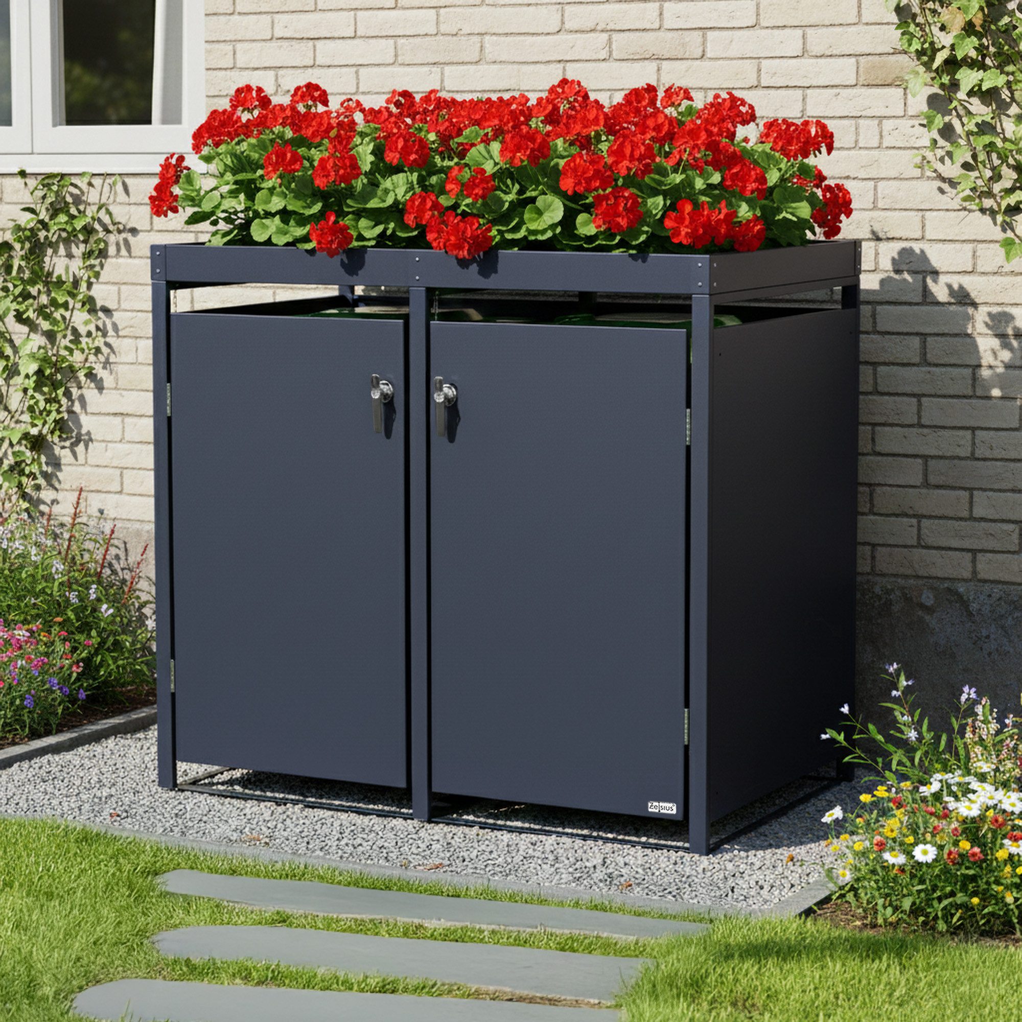Zelsius Mülltonnenbox Mülltonnenbox mit Pflanzdach für zwei 120 - 240 Liter Mülltonnen