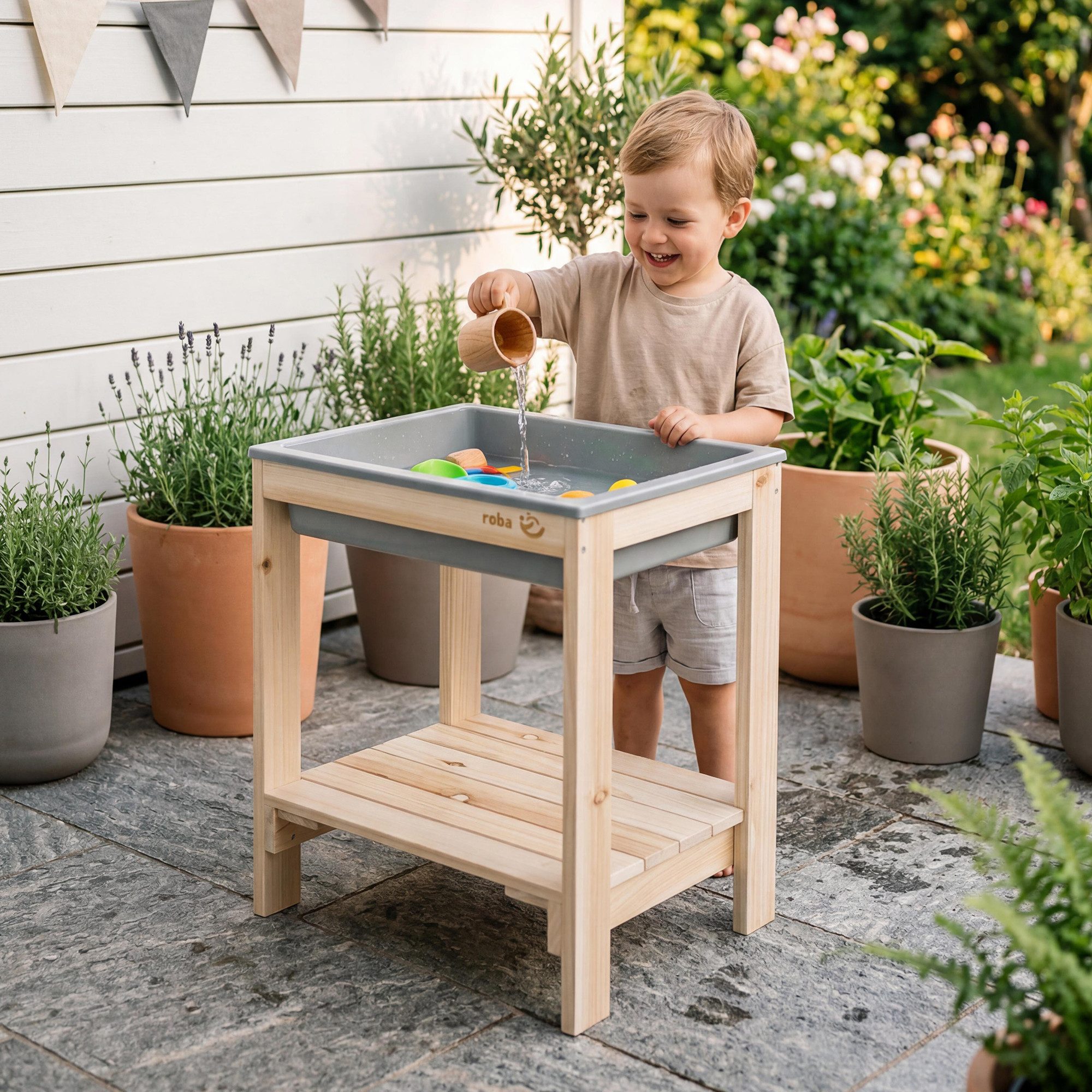 roba® Spieltisch Tiny - Garten Spielzeug mit Wanne, aus natürlichem Massivholz - Sand- & Matschtisch für Draußen