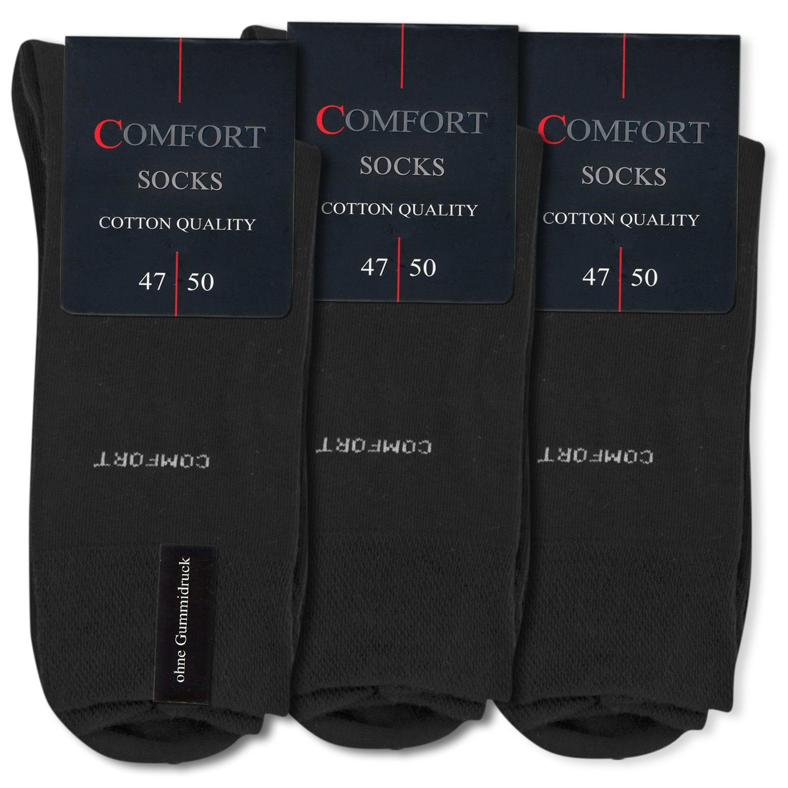 Die Sockenbude Basicsocken COMFORT (Bund, 3-Paar, schwarz) Größe 47/50 (XXL) mit Softrand ohne Gummi