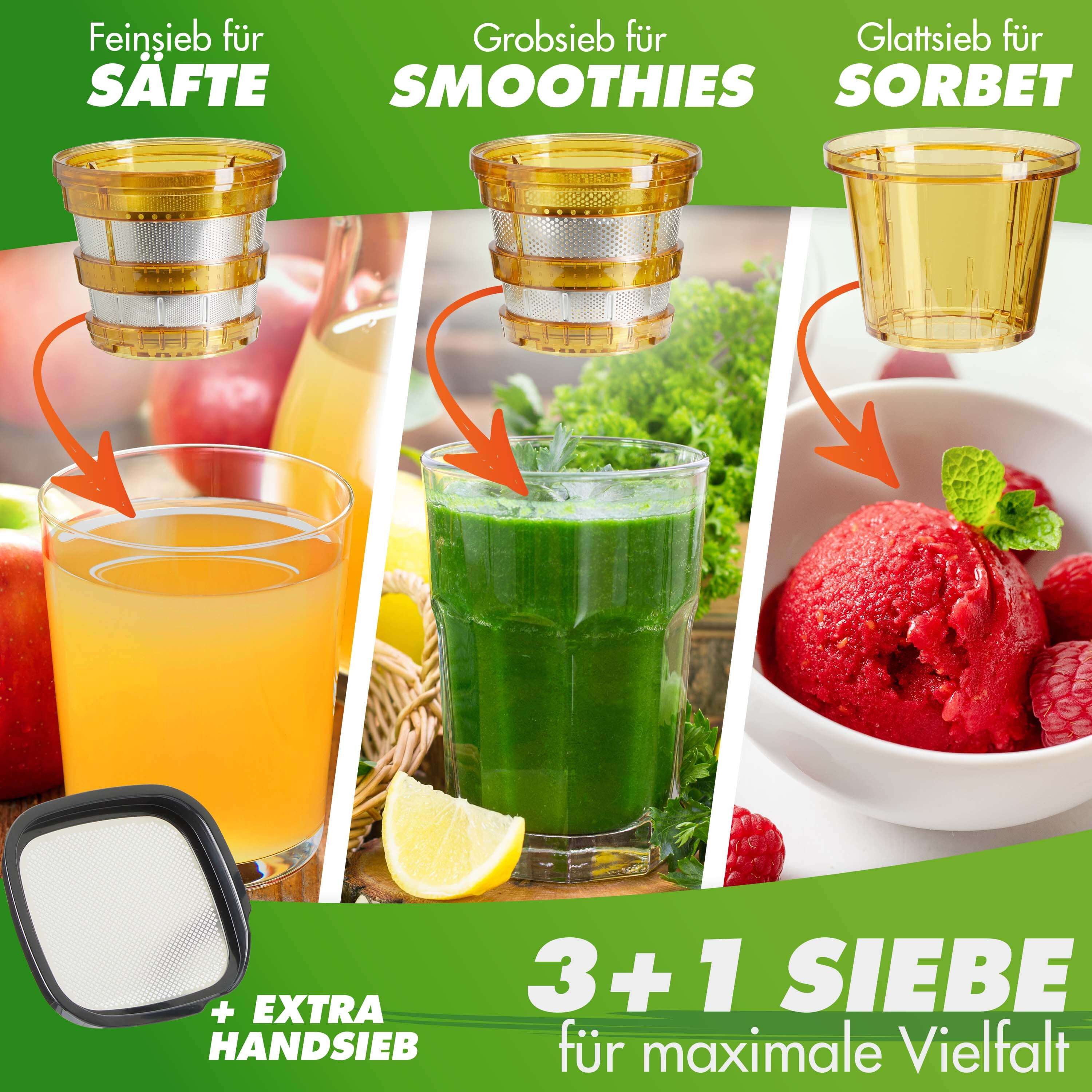 Nutrilovers Slow Juicer NUTRI-PRESS NO.1 Premium Slow Juicer Entsafter mit 3 Sieben, 200 W