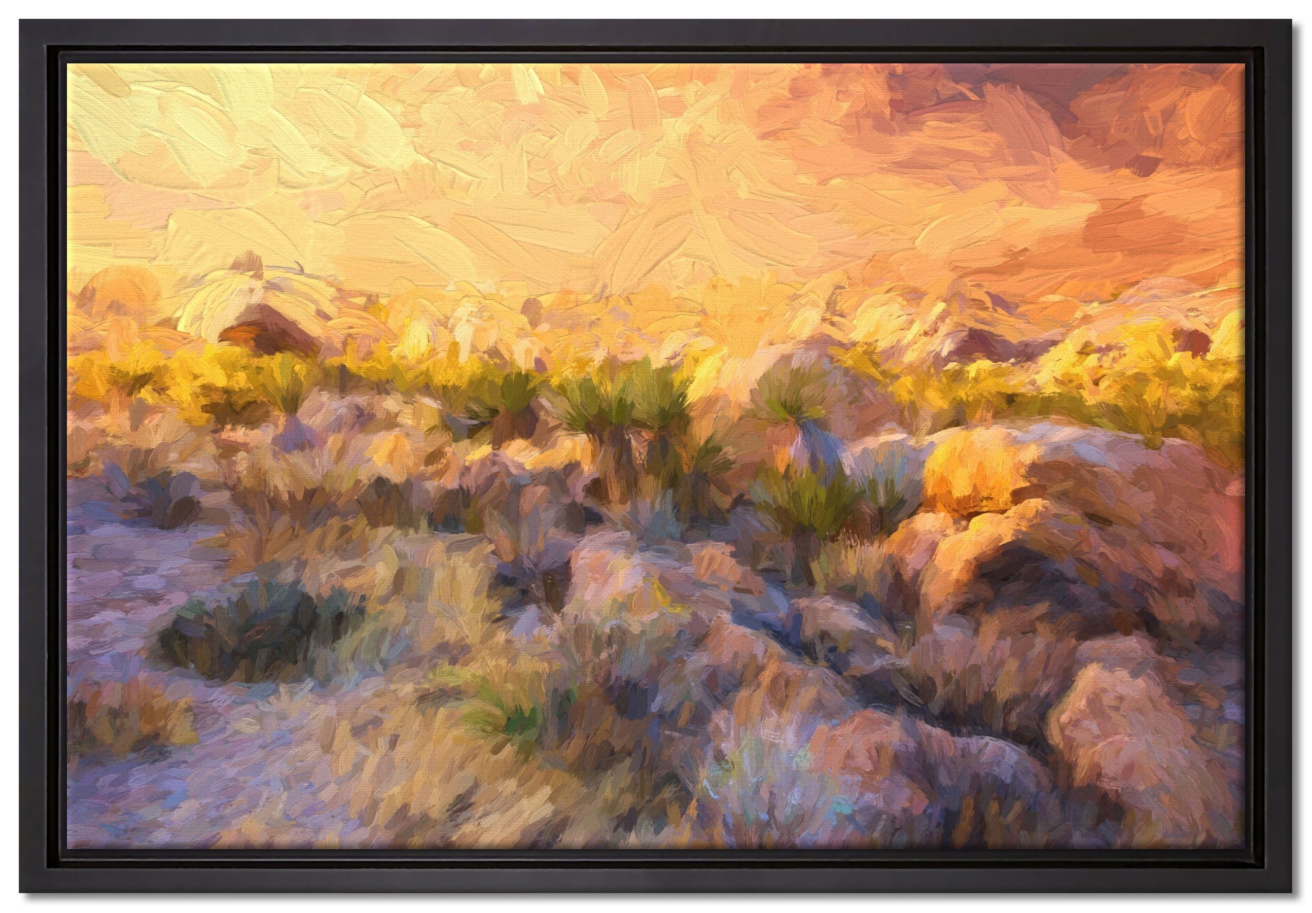 Pixxprint Leinwandbild Joshua Wüste im Sonnenuntergang, Wanddekoration (1 St), Leinwandbild fertig bespannt, in einem Schattenfugen-Bilderrahmen gefasst, inkl. Zackenaufhänger