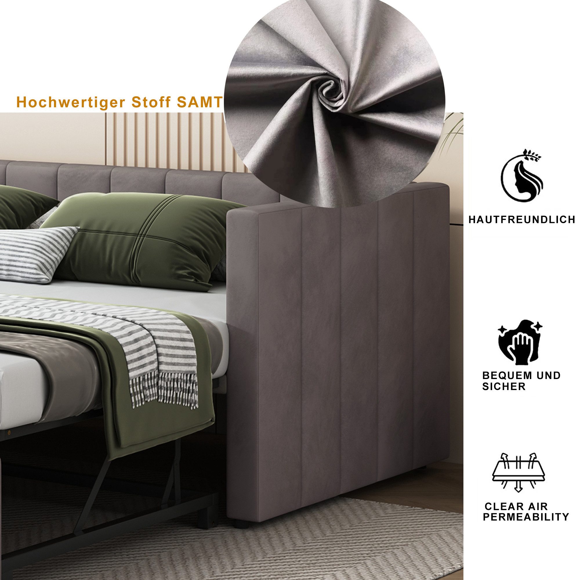 Schlafsofa Polsterbett Ausziehbar 90/180*200cm Lattenrosten Samtstoff Beige/Grau