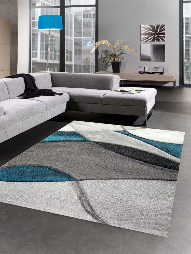 Carpetia Teppich Teppich modern Teppich Wohnzimmer Wellen blau türkis grau, günstig online kaufen