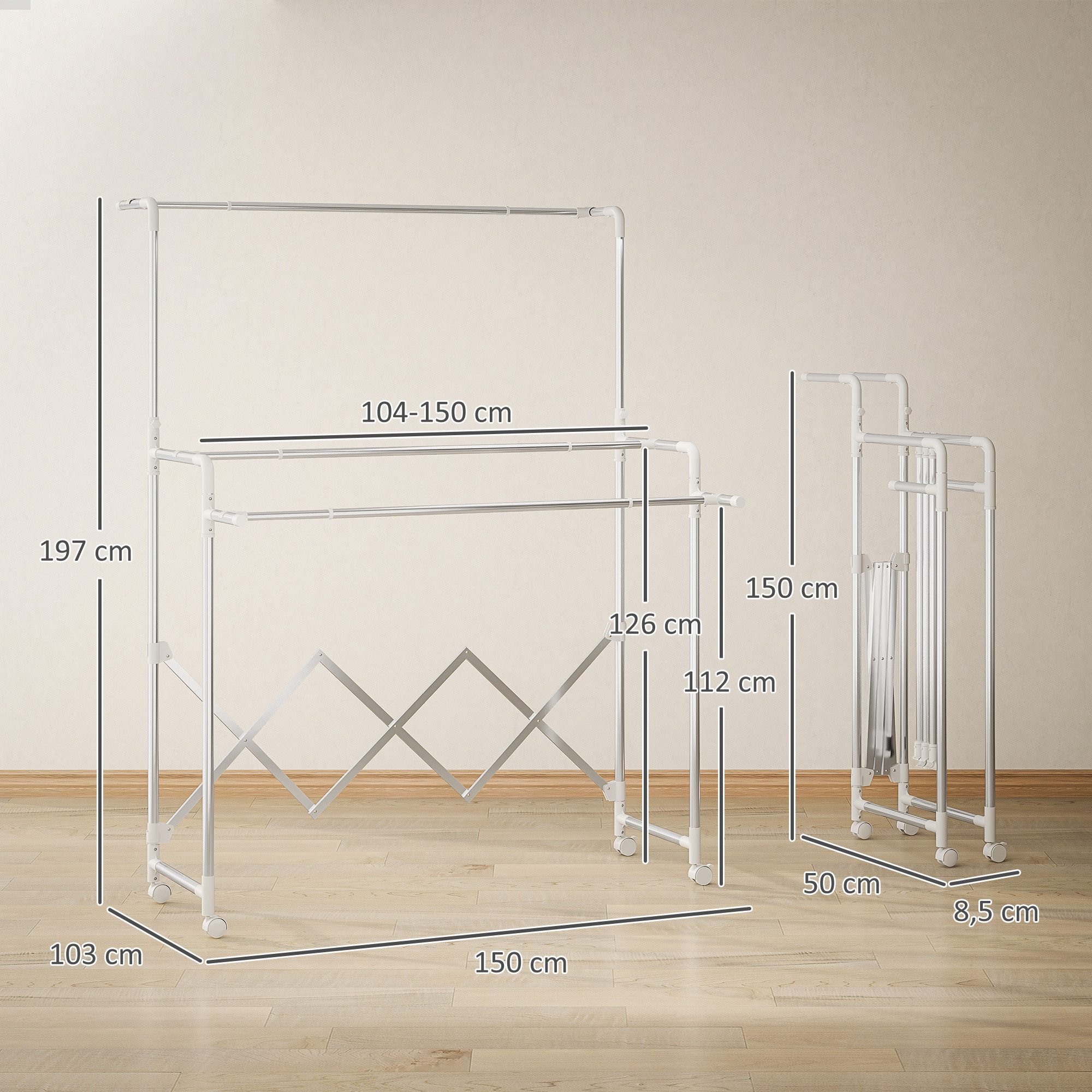 HOMCOM Wäscheständer Standtrockner, Turmwäscheständer auf Rollen, Innen/Außen, für Lange Kleidungsstücke, für Wohnung, 104-150x103x145-197cm, Silber
