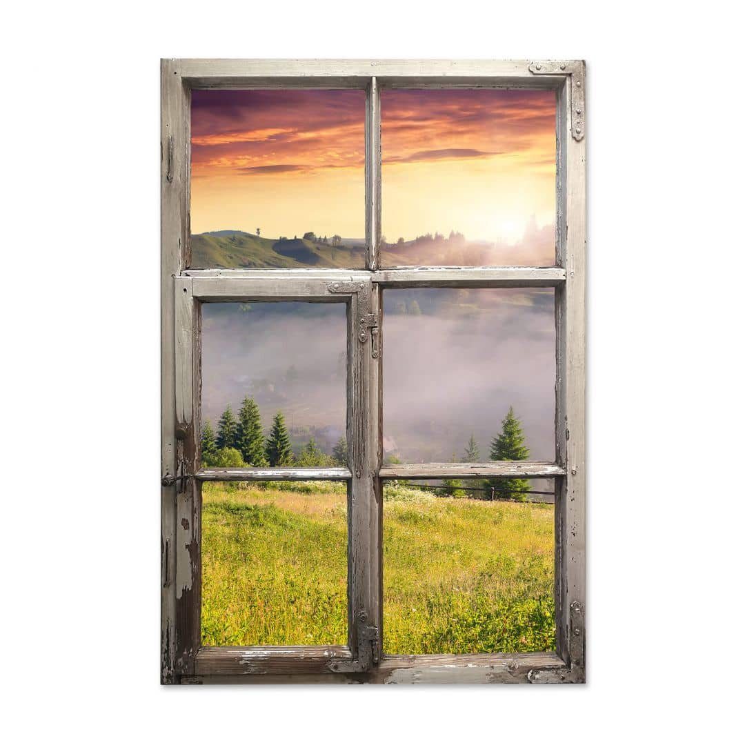 Wandbild K&L Vintage Bergtal Aufkleber Wall Nebel Wandtattoo Natur Landschaftsfotografie, Wandtattoo 3D Art Holzfenster selbstklebend