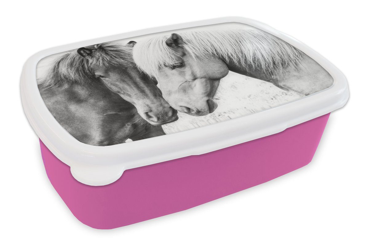 MuchoWow Lunchbox Pferde - Tiere - Schwarz und weiß - Natur, Kunststoff, (2-tlg), Brotbox für Erwachsene, Brotdose Kinder, Snackbox, Mädchen, Kunststoff rosa