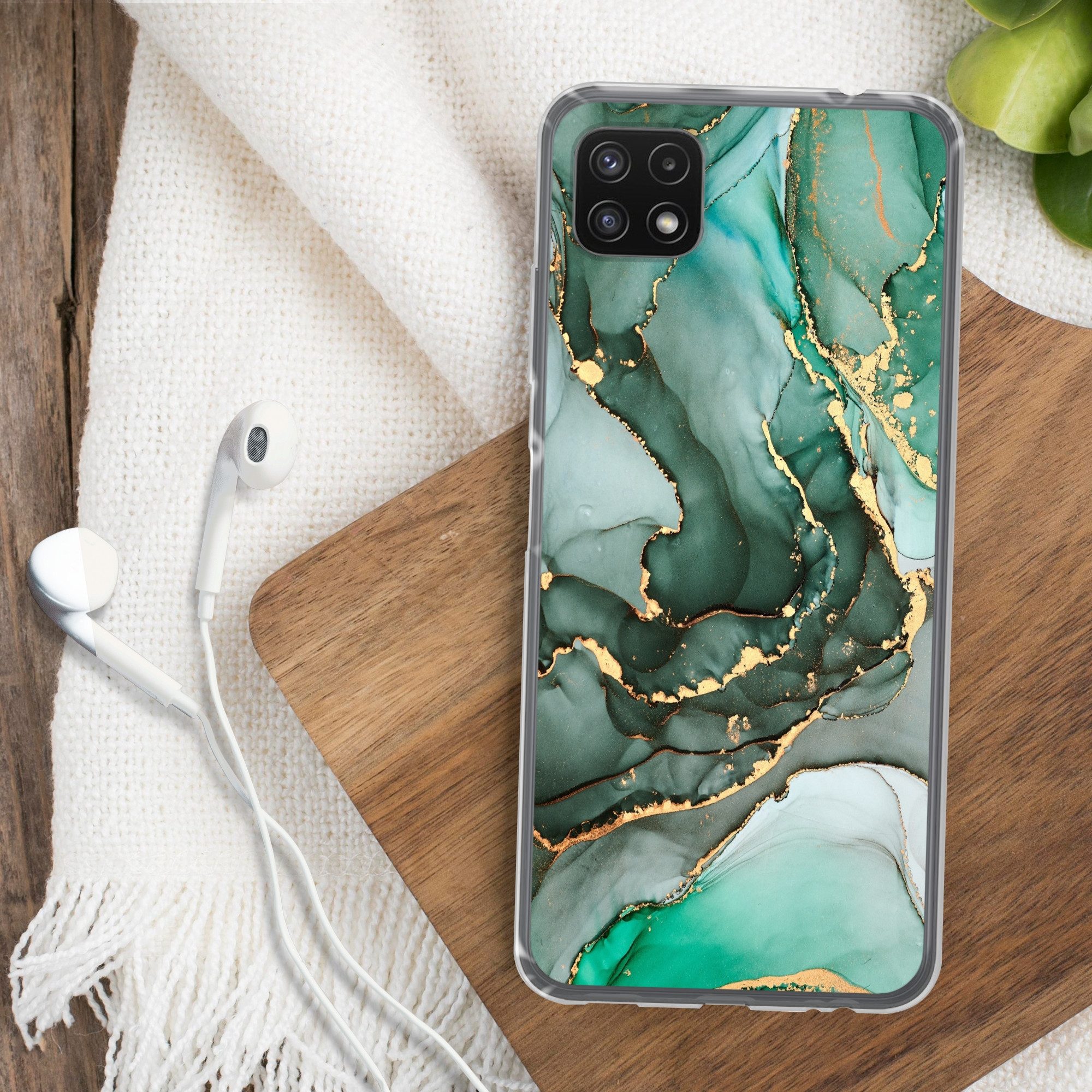 MuchoWow Handyhülle für Samsung Galaxy A22 5G Gold - Marmor - Grün - Luxus - Marmoroptik -, Smartphone-Bumper, Print, Handy Schutzhülle Dünn