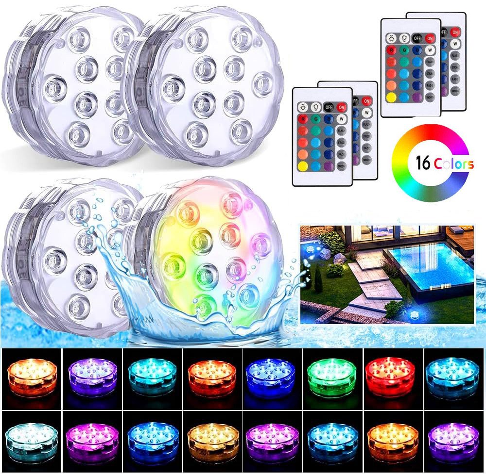 Jioson Pool-Lampe Poolbeleuchtung 16 RGB -Farbe,4 Stück Pool Lichter mit Fernbedienung, Farbwechsel Pool Beleuchtungen,IP68 Wasserdicht Pool Licht