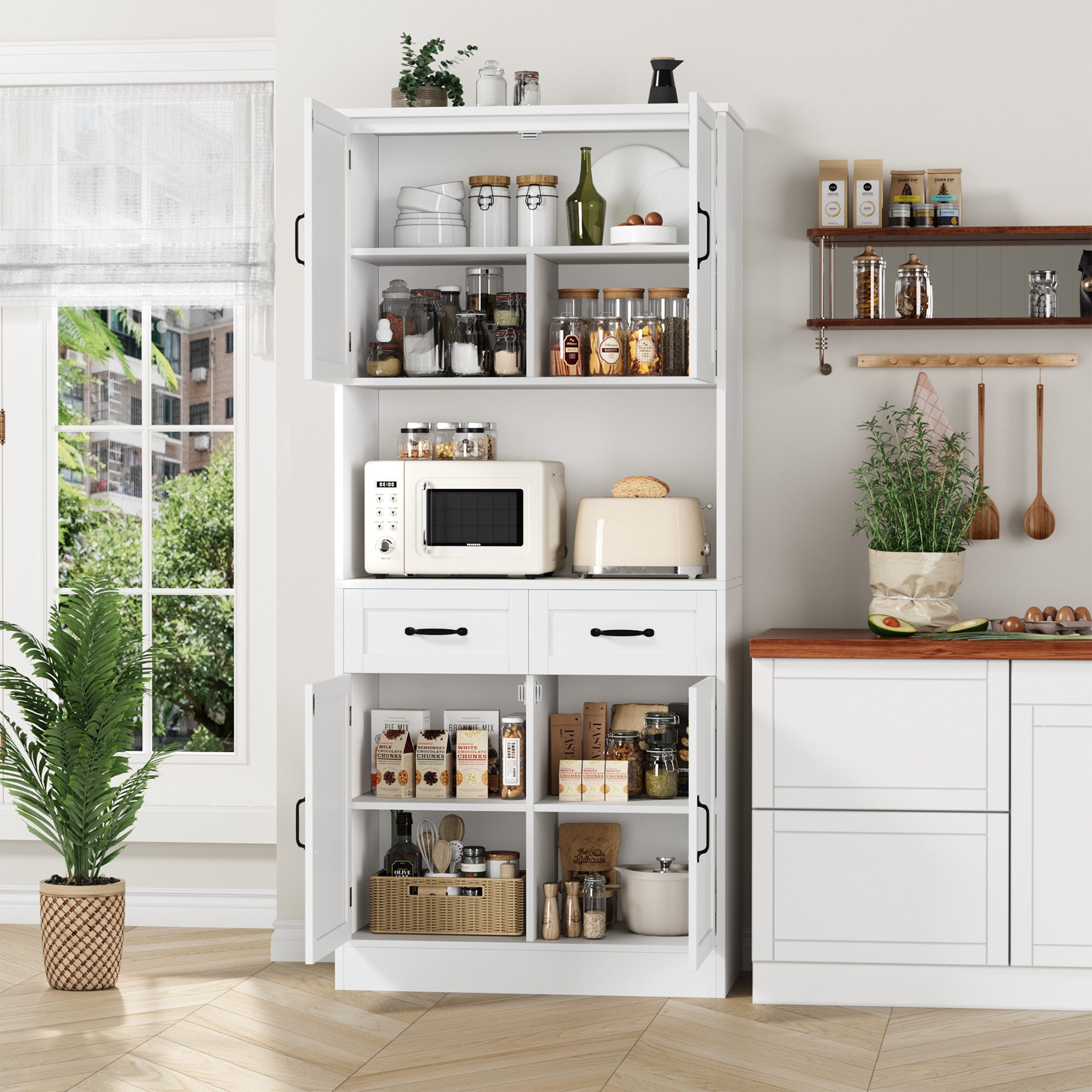 HOMECHO Hochschrank Küchenbuffet mit 4 Türen 2 Schubladen und offenen Fäche günstig online kaufen