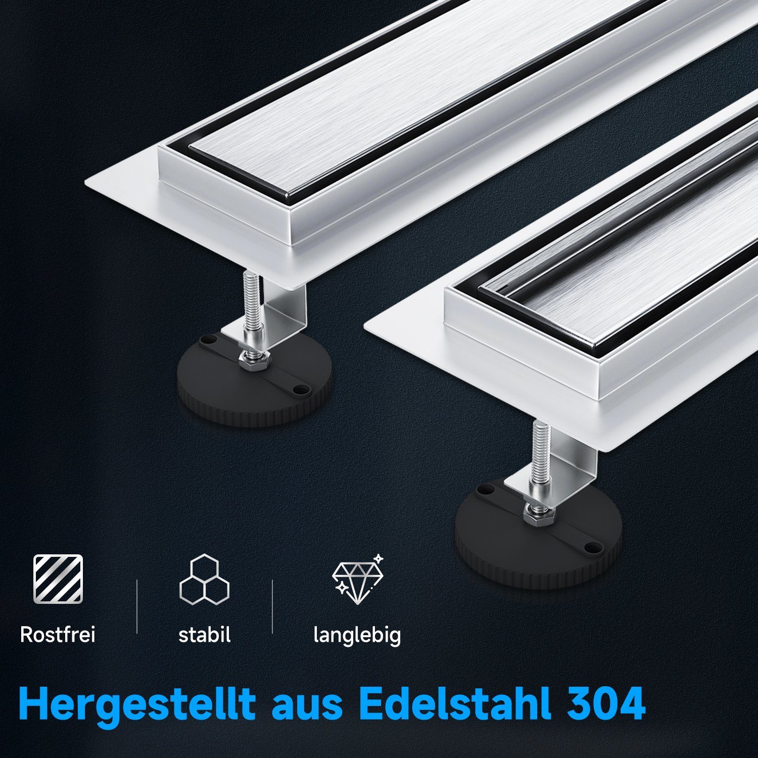 SONNI Duschrinne Edelstahl Duschrinne 50-110 cm 360° verstellbarer Bodenablauf Flach, mit Geruchsstop und Haarsieb Randablauf,mit Bodenbefestigung – Bild 4 von 5