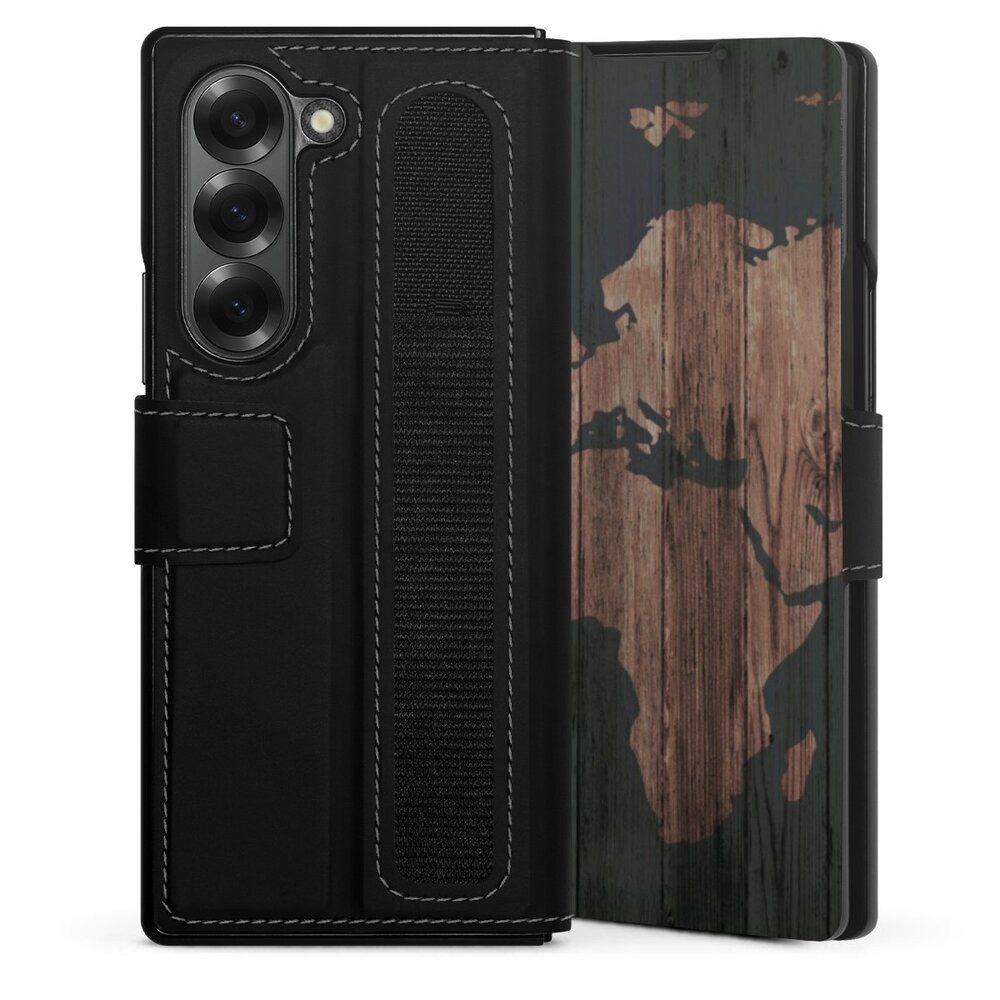 DeinDesign Handyhülle Landkarte Holzoptik Weltkarte Wooden World Map, Samsung Galaxy Z Fold 6 Hülle Handy Flip Case Wallet Cover
