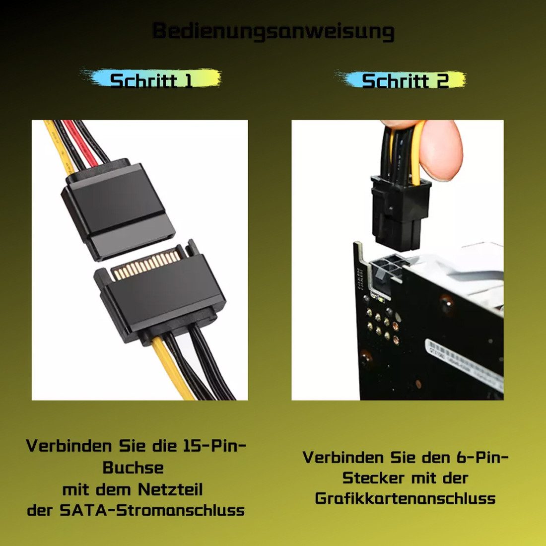 Bolwins K26 SATA Kabel 15Pin zu 6Pin PCI Express Stromkabel Adapter PC Grafik Computer-Kabel, SATA 15-Pin Stecker, 6-Pin PCI-Express Kupplung (20 cm), Stromversorgung von PCI-Express Karten über SATA-Anschluss