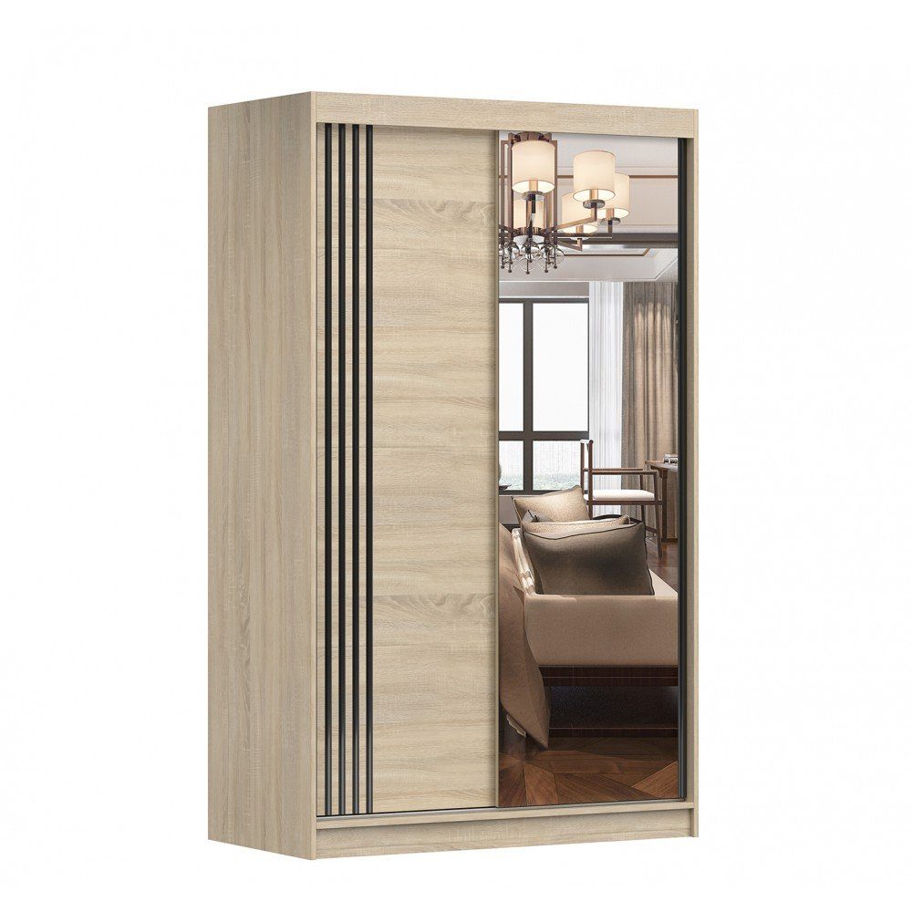 MOEBLO Kleiderschrank NOAH 07 (mit Spiegel Schwebetürenschrank 2-türig Schrank mit vielen Einlegeböden und Kleiderstange, Gaderobe Schiebtüren Schlafzimmer-Wohnzimmerschrank Modern Design), (BxHxT): 120x200x61 cm Sonoma