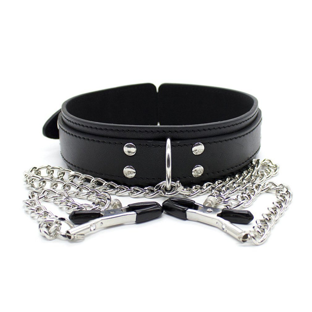 Erotik-Halsband Halsband Nippleklemmen mit Ketten Schwarz, PVC Packung, 1-tlg.