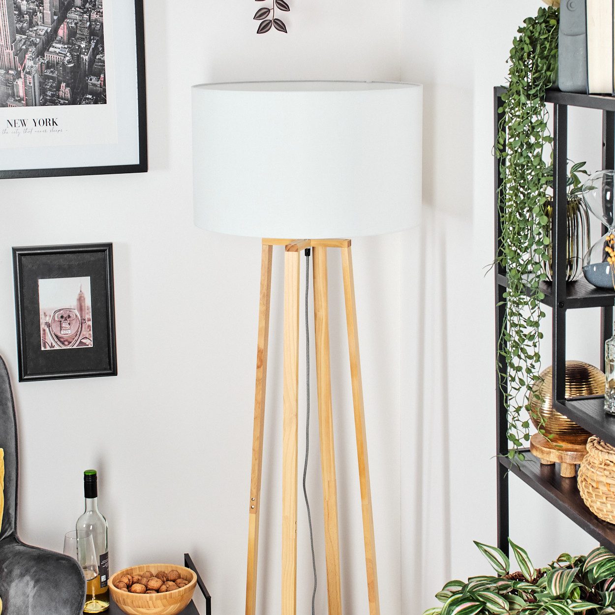 hofstein Stehlampe Stehlampe mit Holzfuß und Schirm aus Stoff, ohne Leuchtm günstig online kaufen