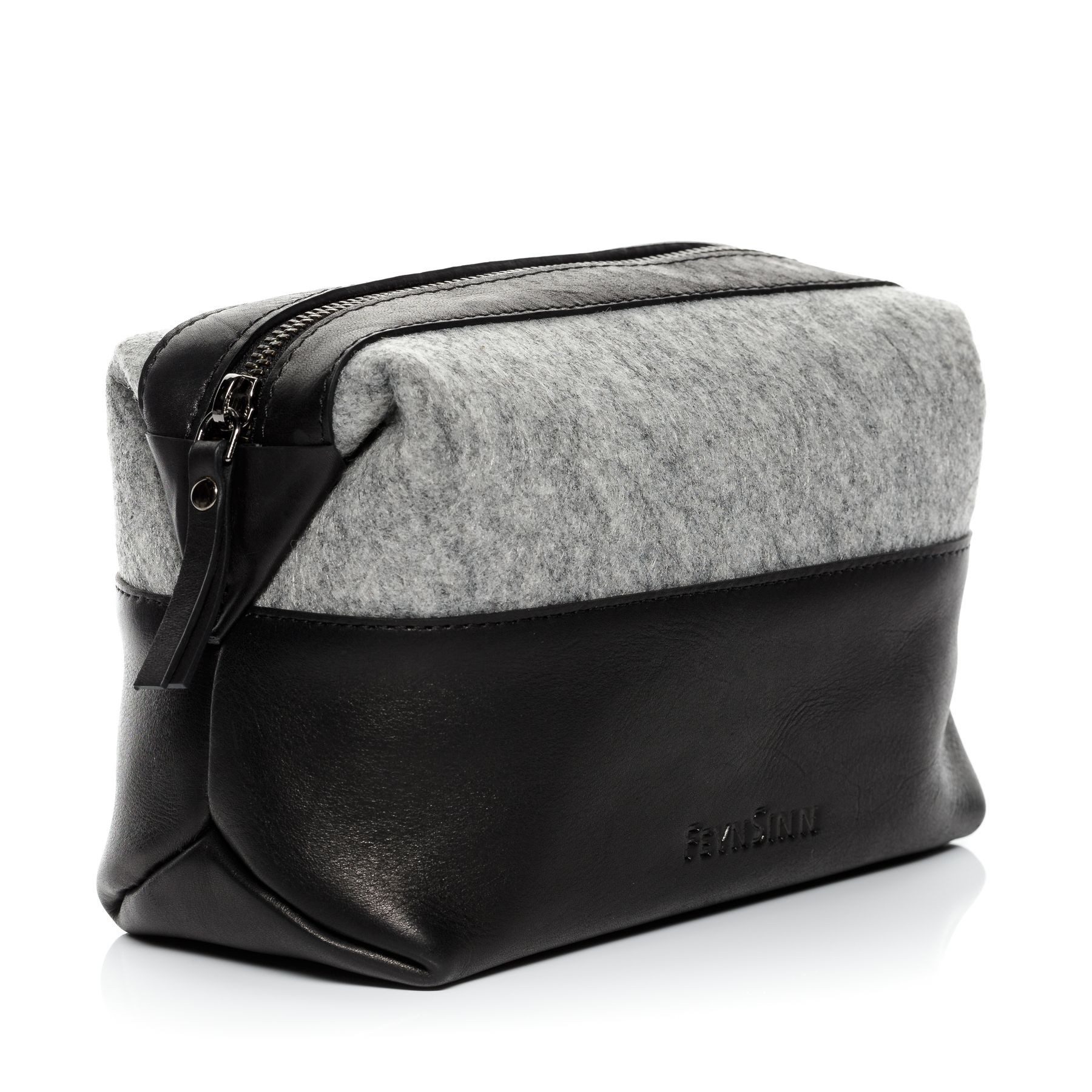 FEYNSINN Kosmetiktasche echt Leder Kulturtasche groß schwarz-grey, Waschbeutel Filz für Damen & Herren, Kosmetiktasche grau-schwarz