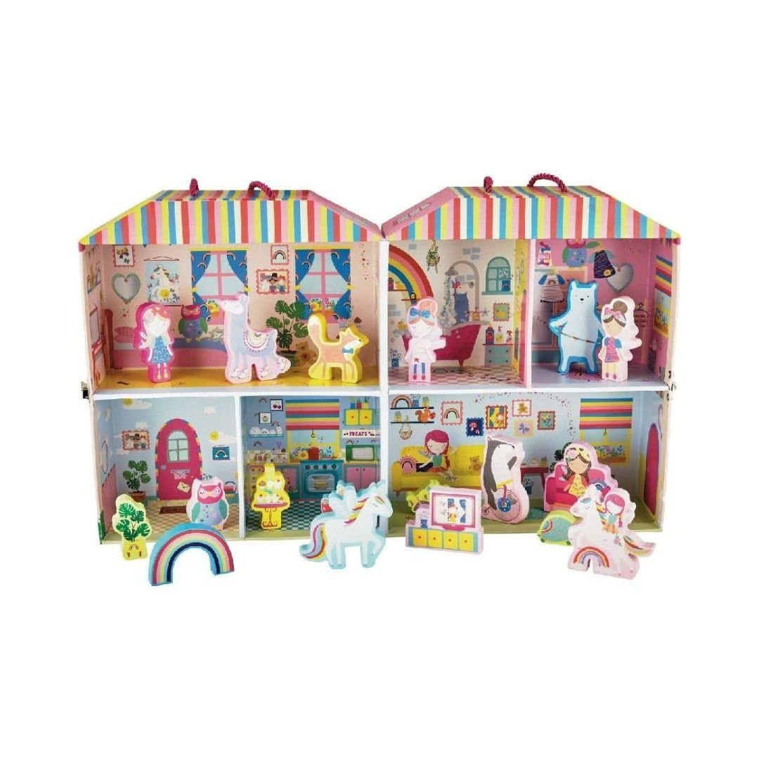 suebidou Puppenhaus Spielbox "Regenbogenmärchen" Puppenhaus zum Mitnehmen Holzfiguren, nachhaltig, kreativ