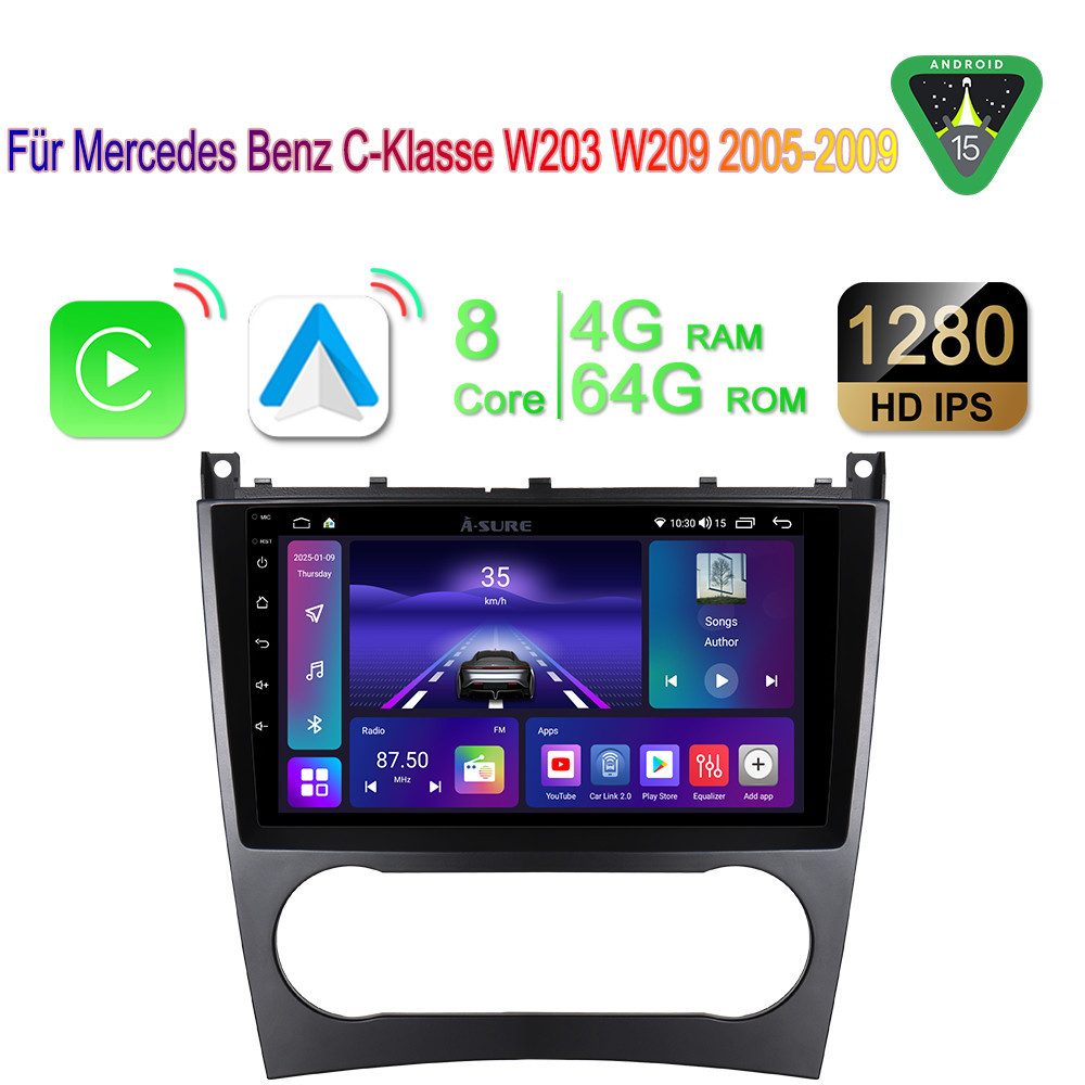A-Sure Android 15 Carplay Für Mercedes Benz C-Klasse W203 W209 2005-2009 Autoradio (8Core, 4 Core, Digitalradio (DAB), FM, AM, 1280*800 IPS Screen)
