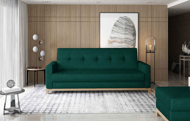 Home Collective Sofa 3-Sitzer Dreisitzer Schlafsofa, Holzbeine und Gestell aus Buchenholz, Grün umbaubar zum Bett Doppelbett