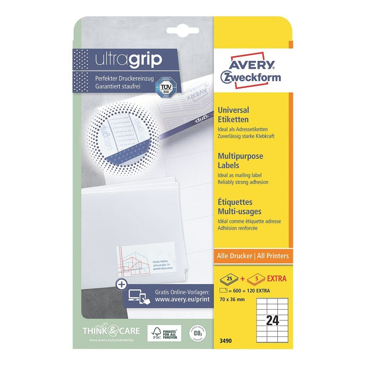 Avery Zweckform Etiketten 3490, 720 Stück, Adresse (70x36 mm), selbstklebend