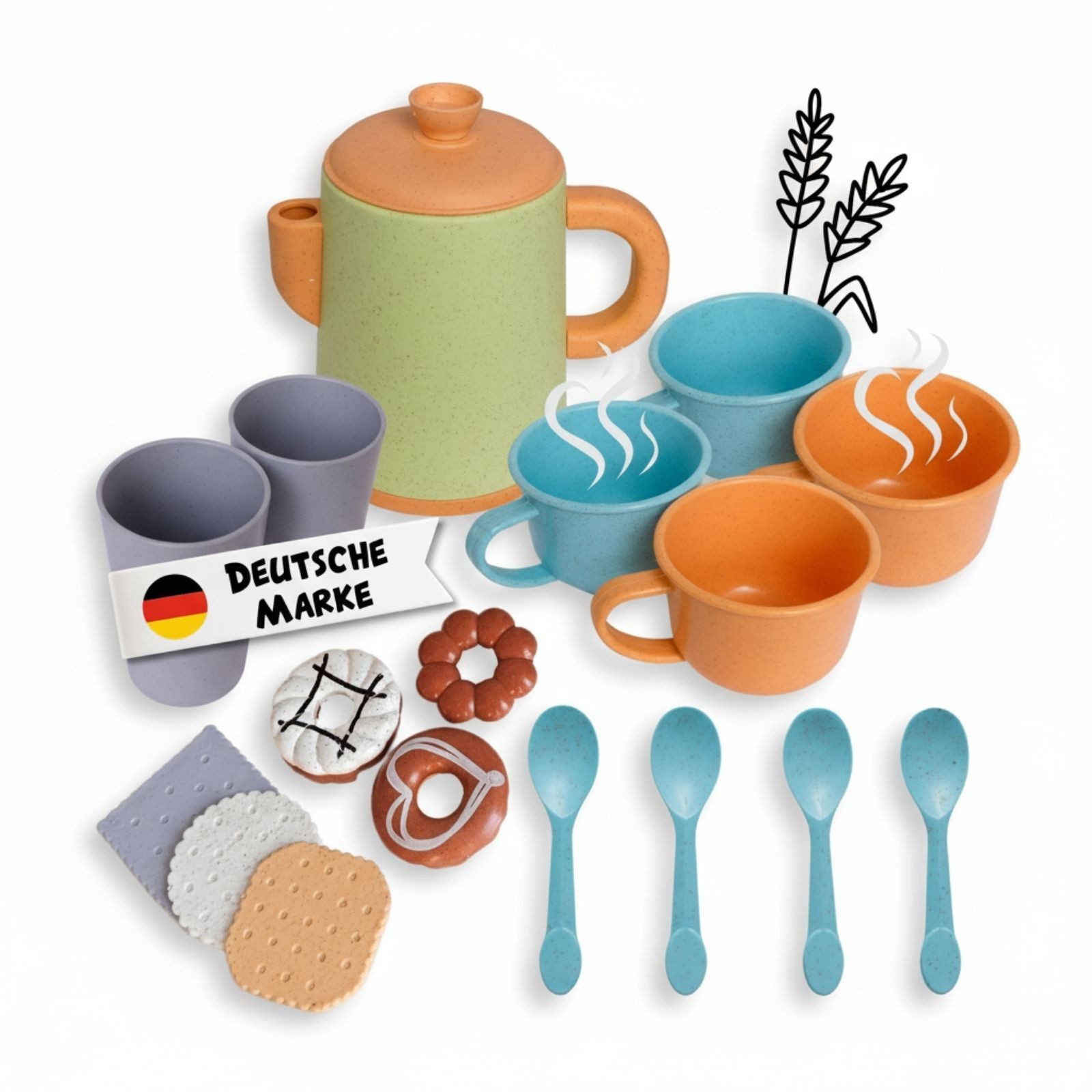 alldoro Spielgeschirr Kaffeeservice für die Kinderküche, 17-teiliges Puppengeschirr, Zubehör für die Spielküche aus robustem Kunststoff-Weizenstroh-Mix
