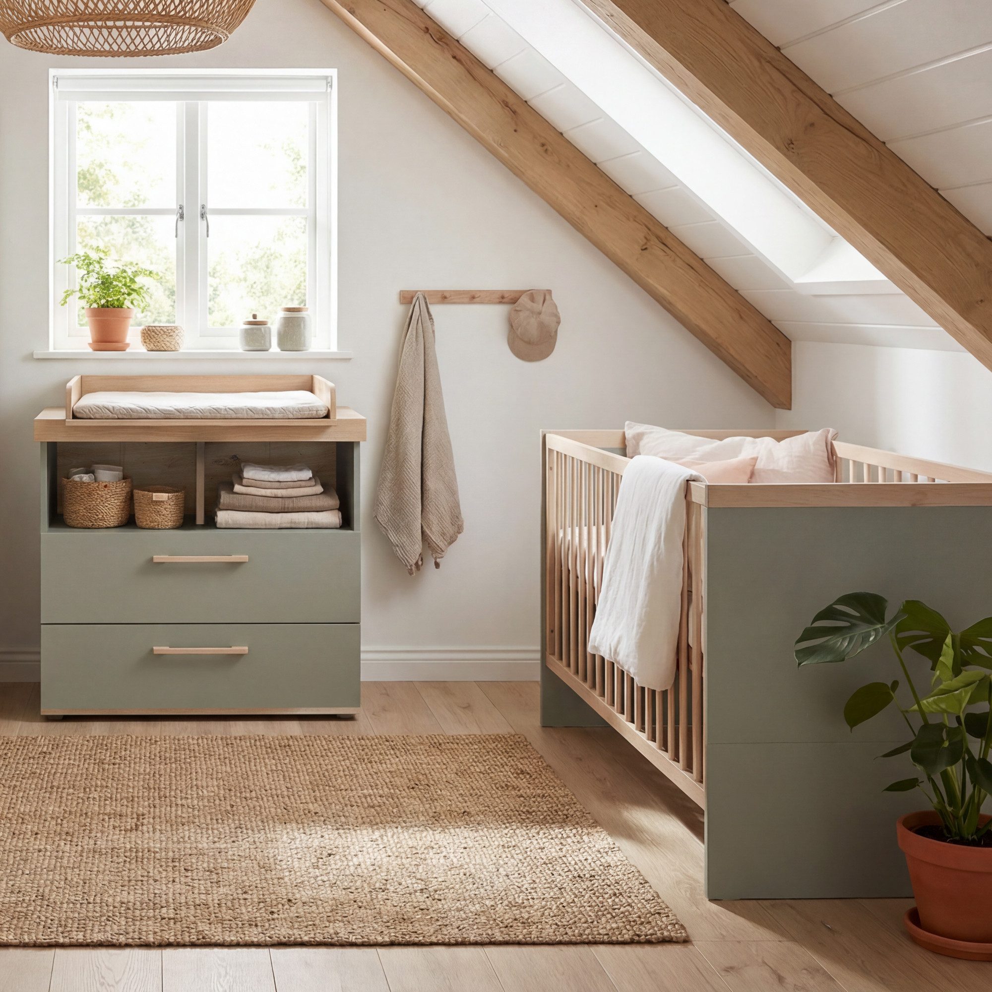 roba® Babymöbel-Set Jimmy 2-teilig - stabil aus Holz - MADE in EUROPE - Dekor in Eiche, (Set, Babybett 70 x 140 cm mitwachsend - Wickelkommode Soft Close Schubladen), Skandi Design - moderne Farben - langlebige Kinderzimmermöbel