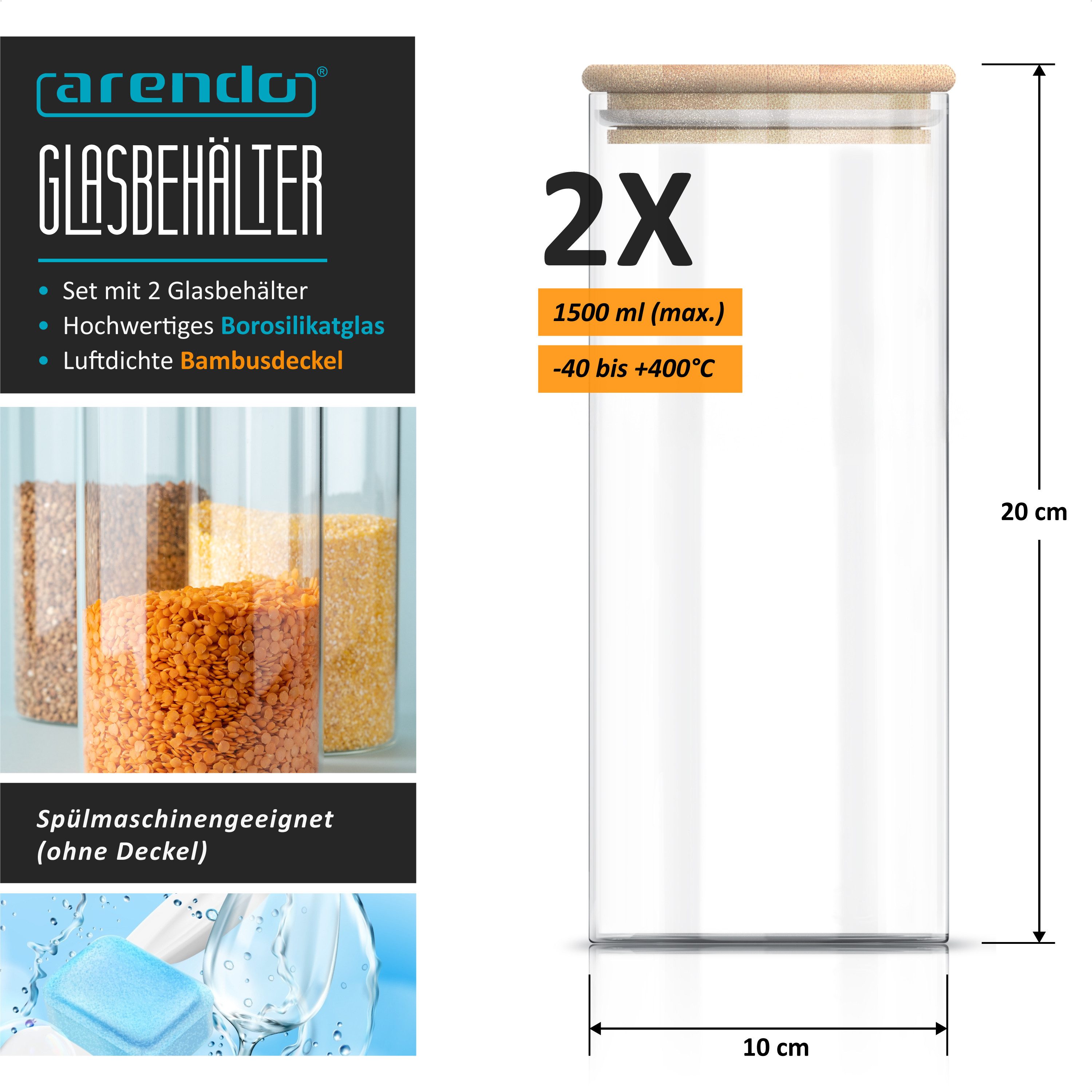 Arendo Aufbewahrungsbecher Glasbehälter 2x 0,785L, 2x 1,57L & 2x 2,2L Borosilikat, Bambusdeckel, Borosilikatglas; Bambus; Silikon, (Vorratsbehälter-Set, 6-tlg., 6er Set), Hitzebeständig, umweltfreundlich, luftdicht, mikrowellengeeignet