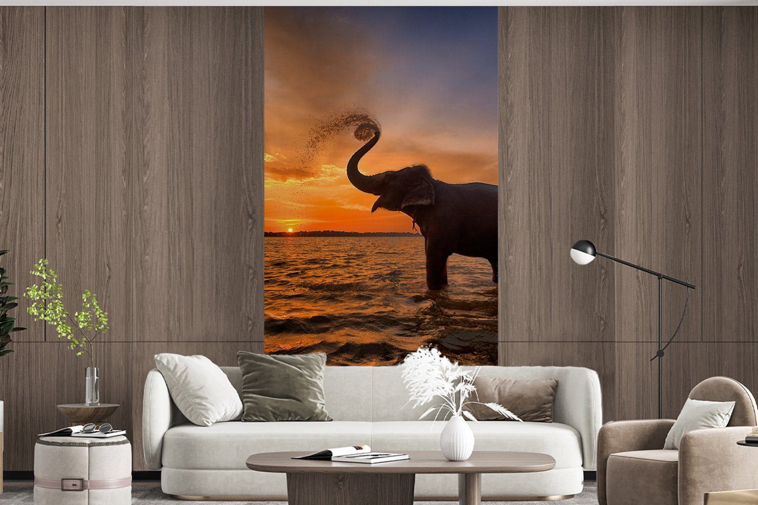 Wohnzimmer MuchoWow Küche, Orange, Fototapete Tiere bedruckt, St), (2 Vliestapete für Elefant Matt, Fototapete - - Meer Sonnenuntergang - - Schlafzimmer