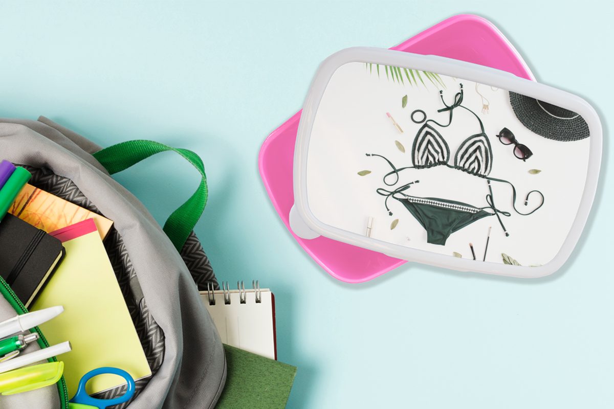 Brotdose Erwachsene, Bikini (2-tlg), - MuchoWow rosa Schwarz Kunststoff, Kunststoff Brotbox Lunchbox Hut, Kinder, Mädchen, - Snackbox, für