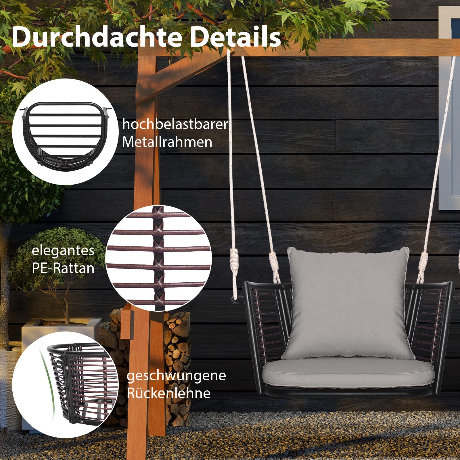 COSTWAY Hängesessel, ohne Gestell, mit Kissen, Rattan 180kg höhenverstellbar