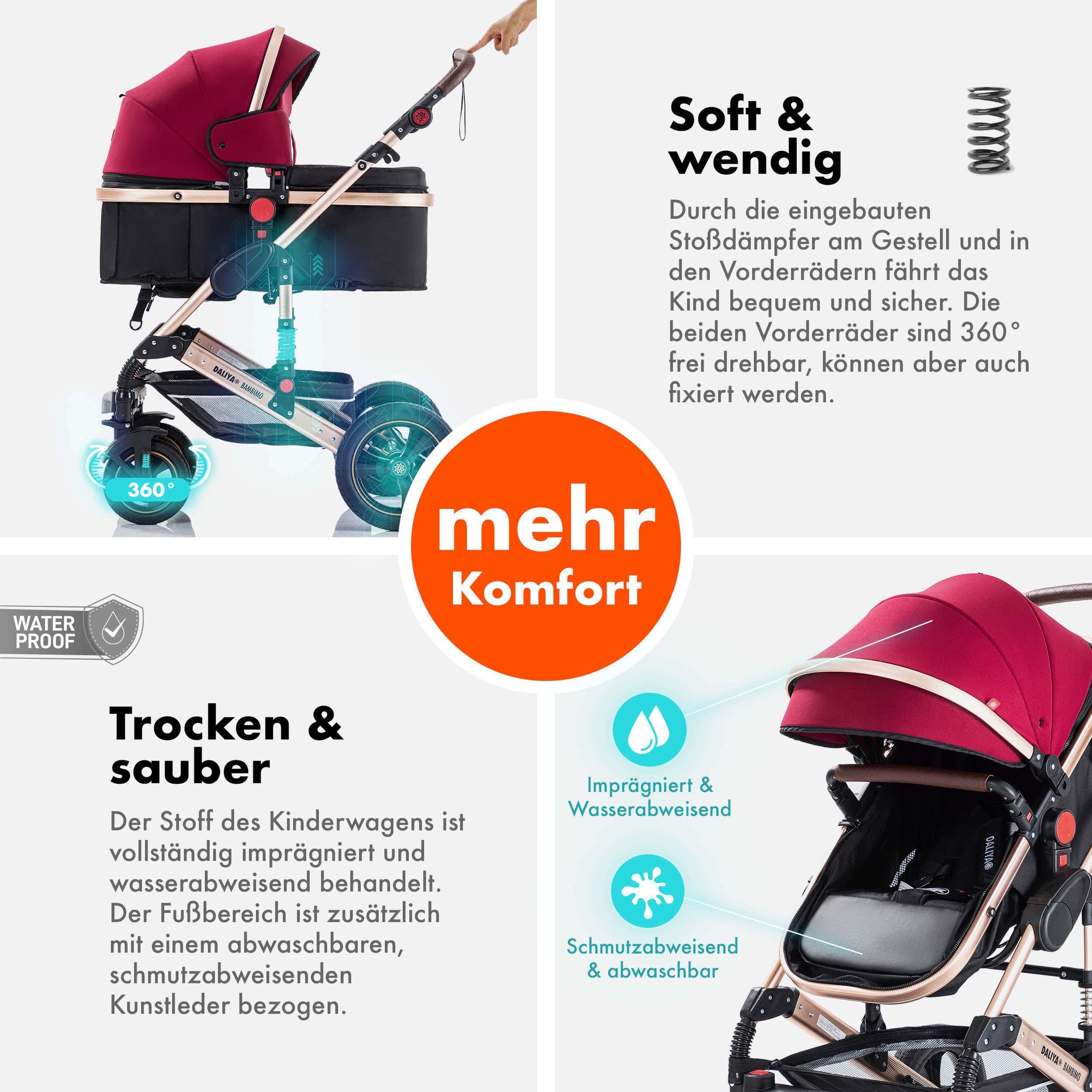 Daliya® Kombi-Kinderwagen BAMBIMO 2in1 Kinderwagen & Buggy, Babywanne und Sportsitz, Alu-Rahmen, (Grundausstattung für Babys, 9-tlg), Großer Einkaufskorb, Feder – Bild 4 von 5